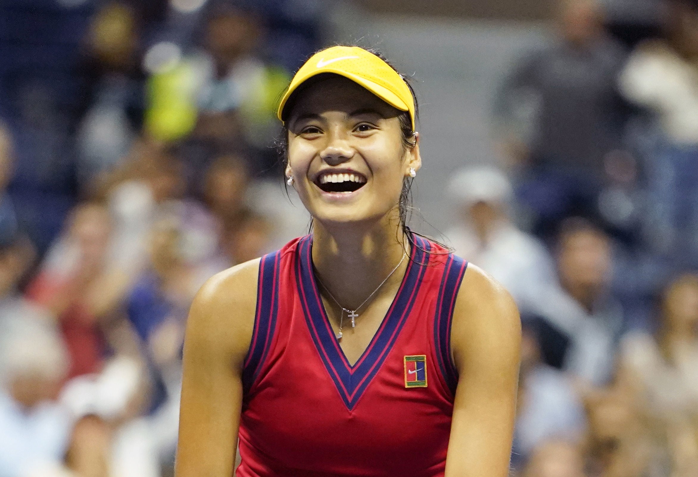 Emma Raducanu celebrates defeating Maria Sakkari to reach the US Open Women’s Final (ZUMA/PA)