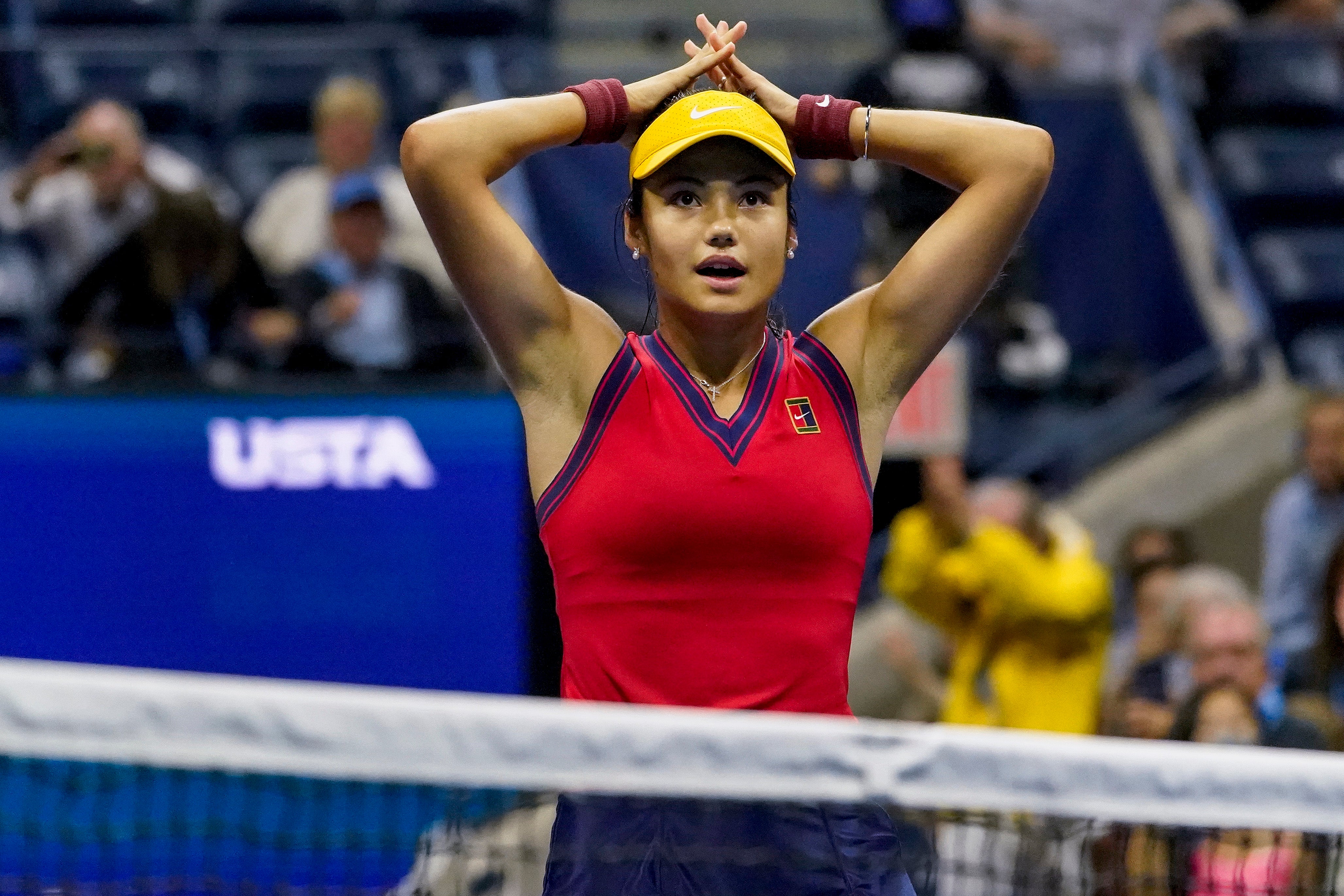 Emma Raducanu looks shocked after reaching the US Open final (Elise Amendola/AP)