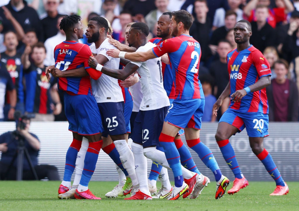 Wilfried Zaha clashes with Japhet Tanganga of Tottenham Hotspur after the latter’s foul on the Palace forward