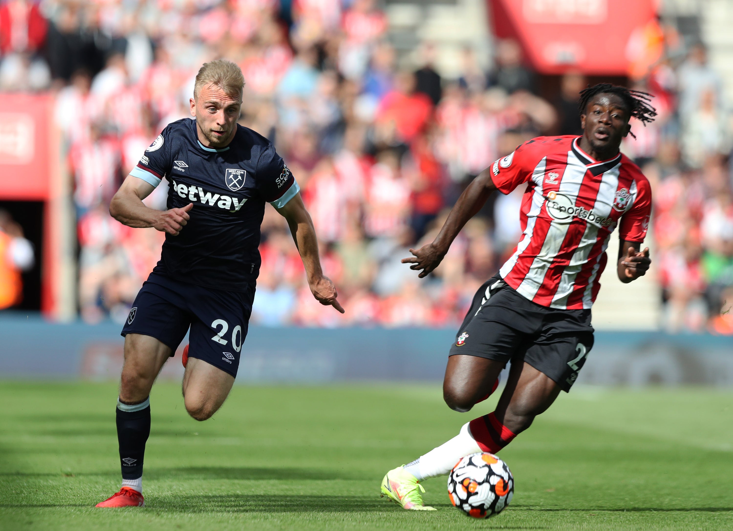 Southampton’s Mohammed Salisu, right, battles Jarrod Bowen for possession (Kieran Cleeves/PA)