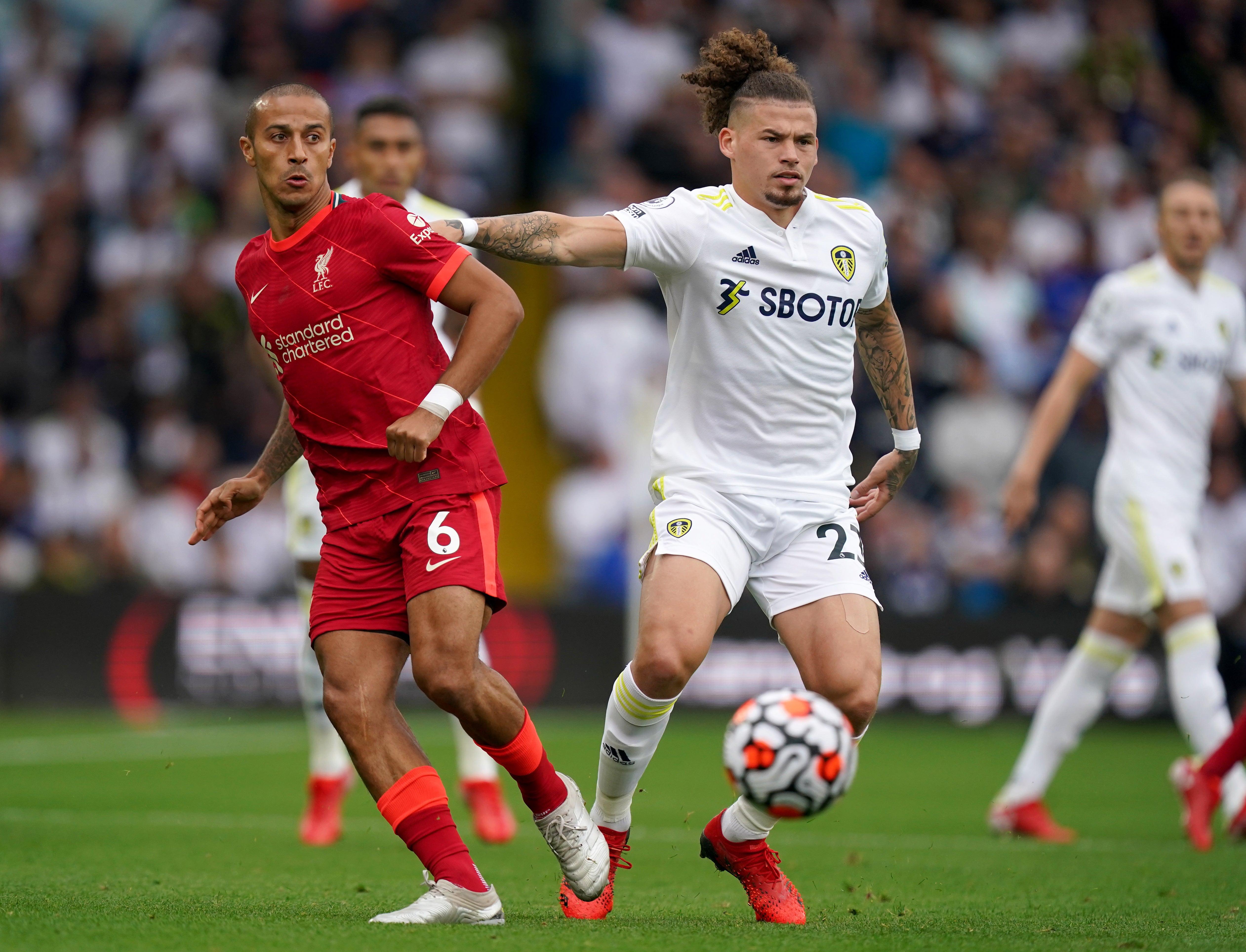 Jurgen Klopp said stopping Kalvin Phillips, right, was key to Liverpool’s win at Leeds (Mike Egerton/PA)