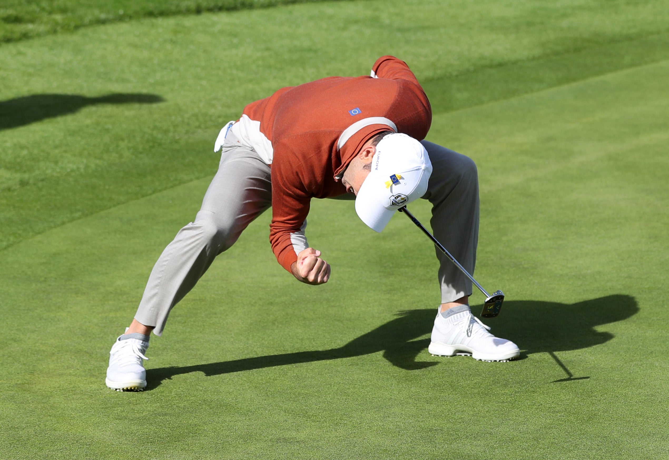 Sergio Garcia celebrates his birdie on the 17th during the Fourballs match on day two of the Ryder Cup at Le Golf National, Paris (David Davies/PA)