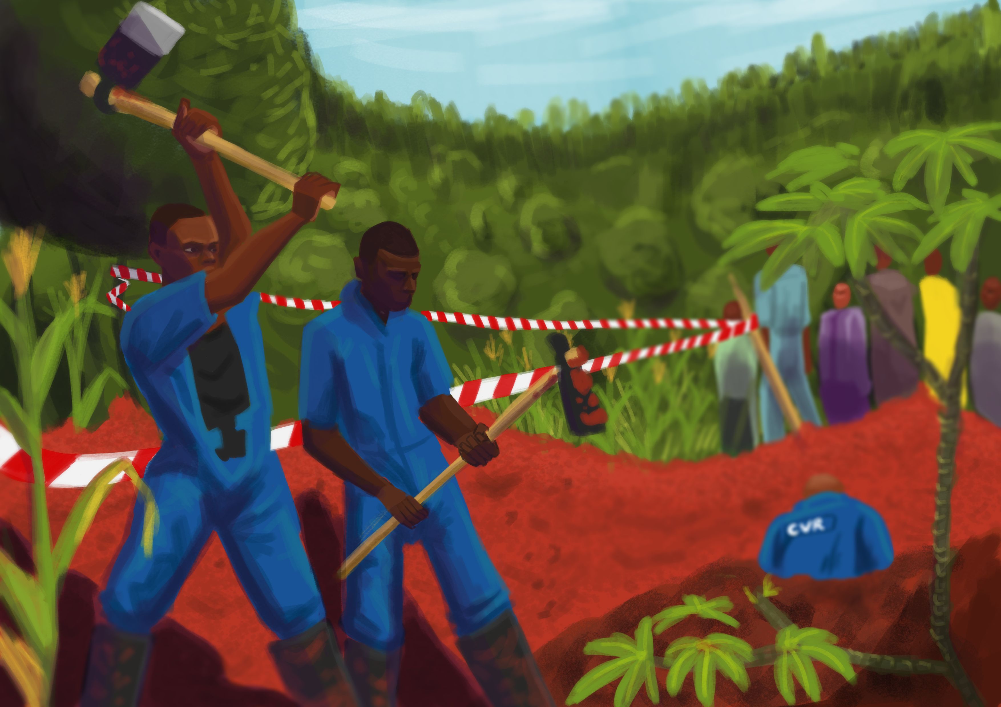 An illustration depicting the excavation of a mass grave