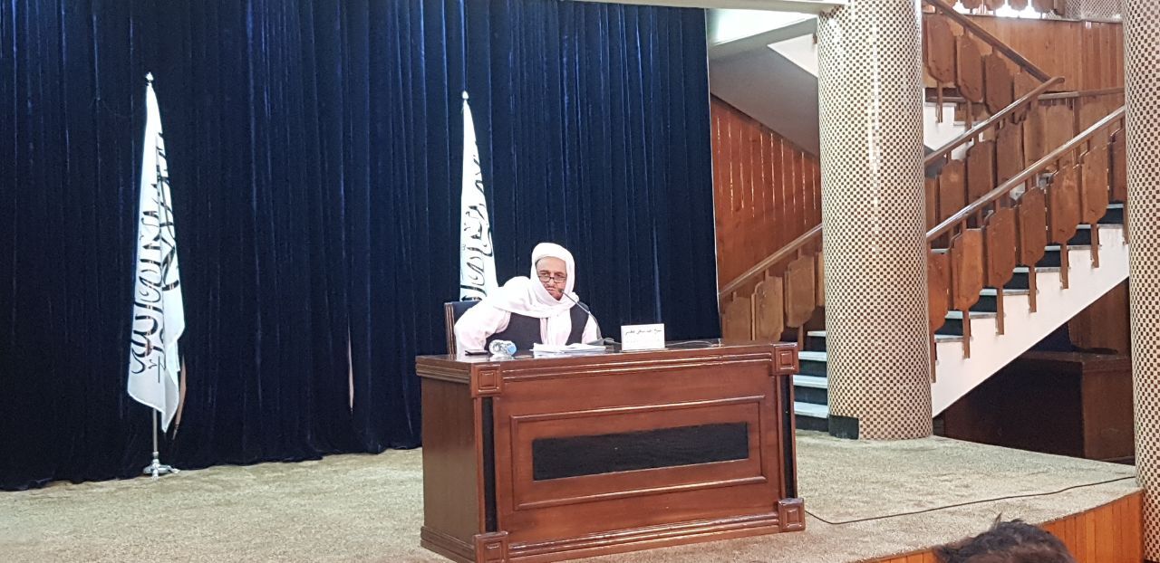 Taliban's acting Higher Education Minister Abdul Baqi Haqqani gives a press conference in Kabul