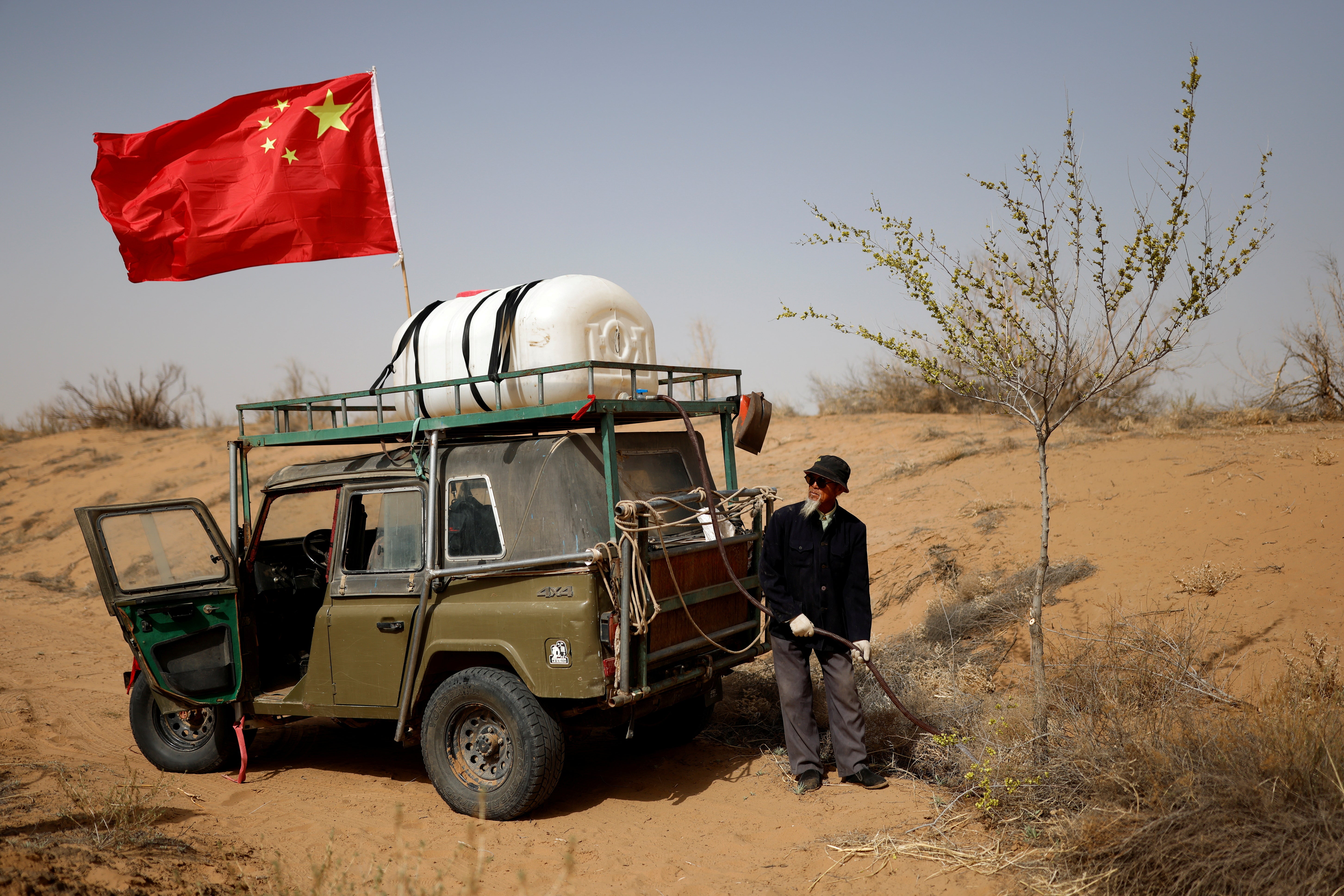 Wang Tianchang waters a tree planted on the edge of the Gobi Desert on the outskirts of Wuwei