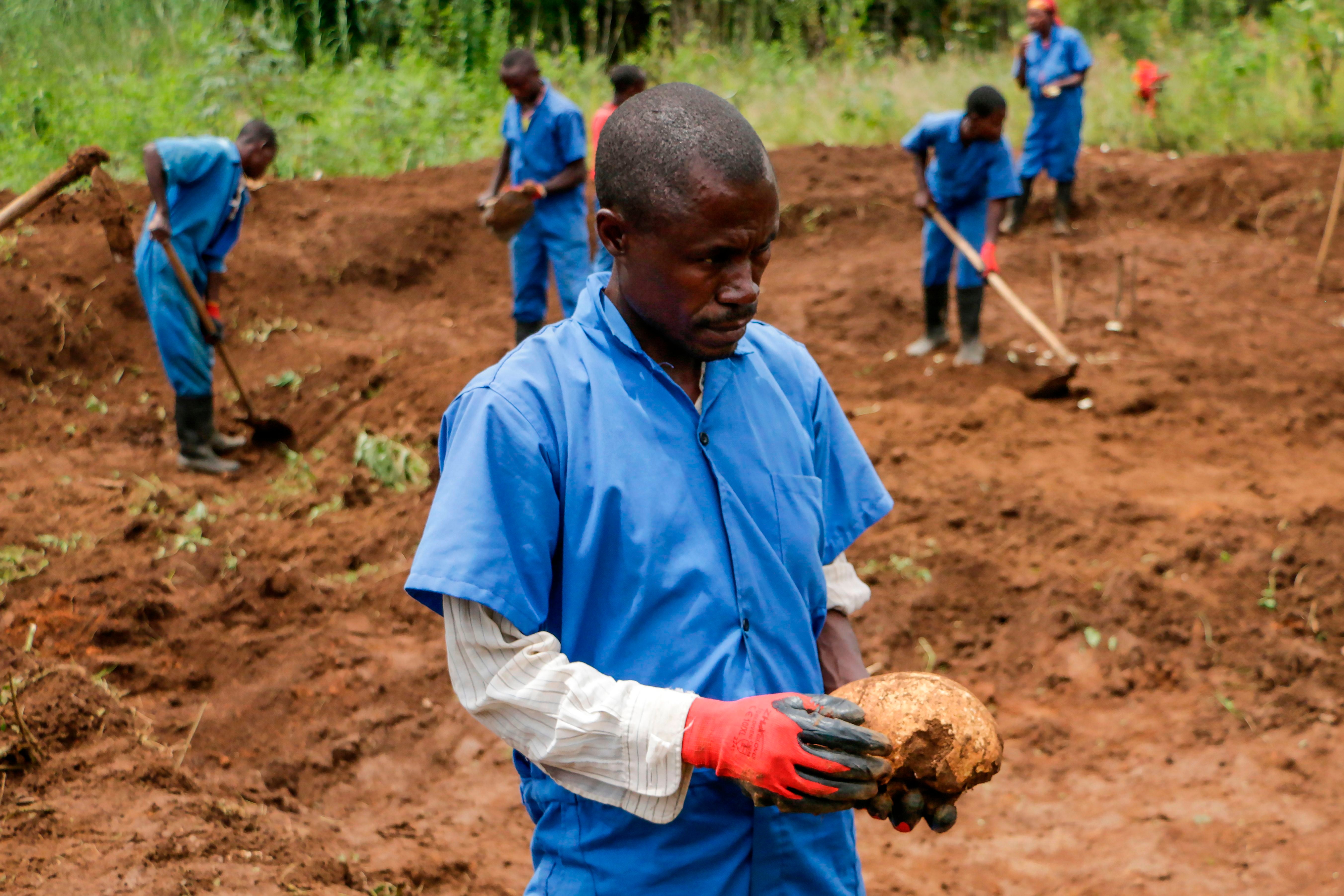 February 2020: a Truth and Reconciliation Commission worker uncovers a partial human skull at an unearthed mass grave in Shombo, Karusi Province