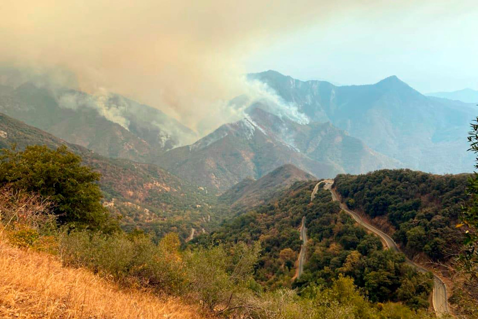 Smoke plumes rise from the Paradise Fire in Sequoia National Park in the southern Sierra Nevada