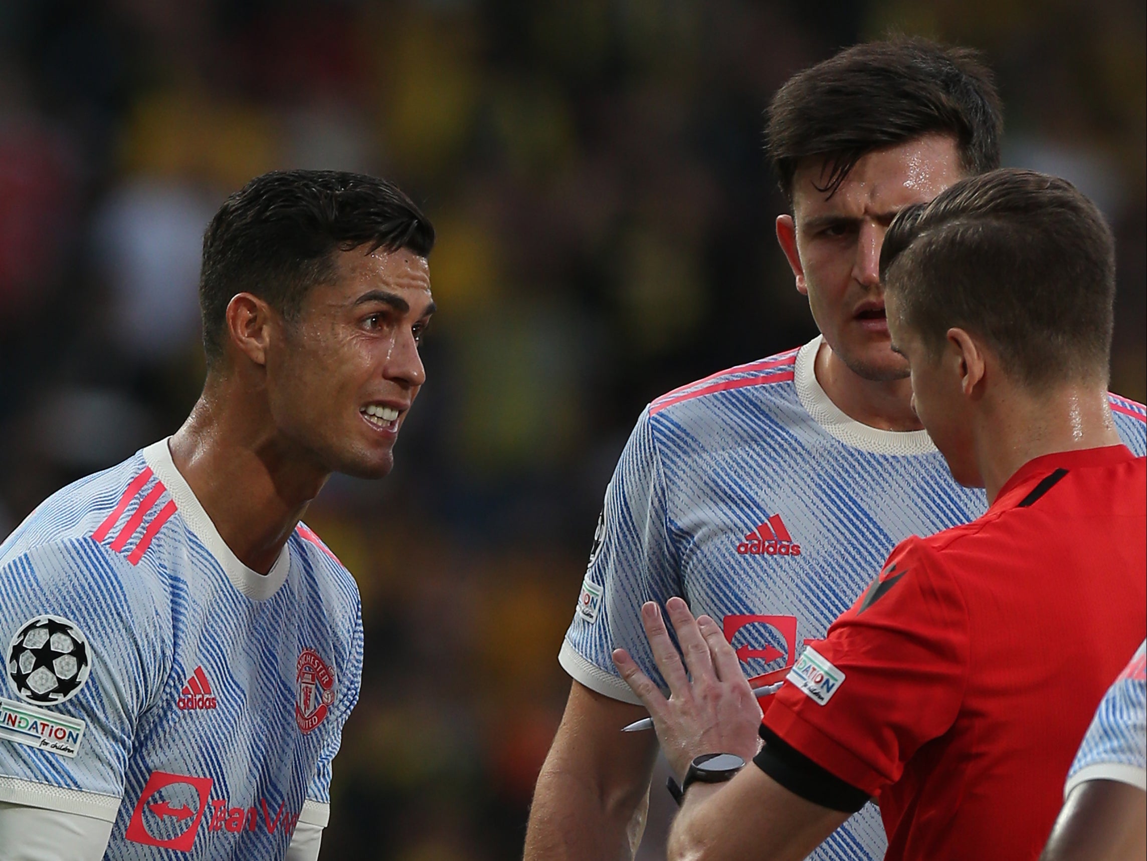 Cristiano Ronaldo remonstrates with Francois Letexier during Manchester United’s defeat in Bern