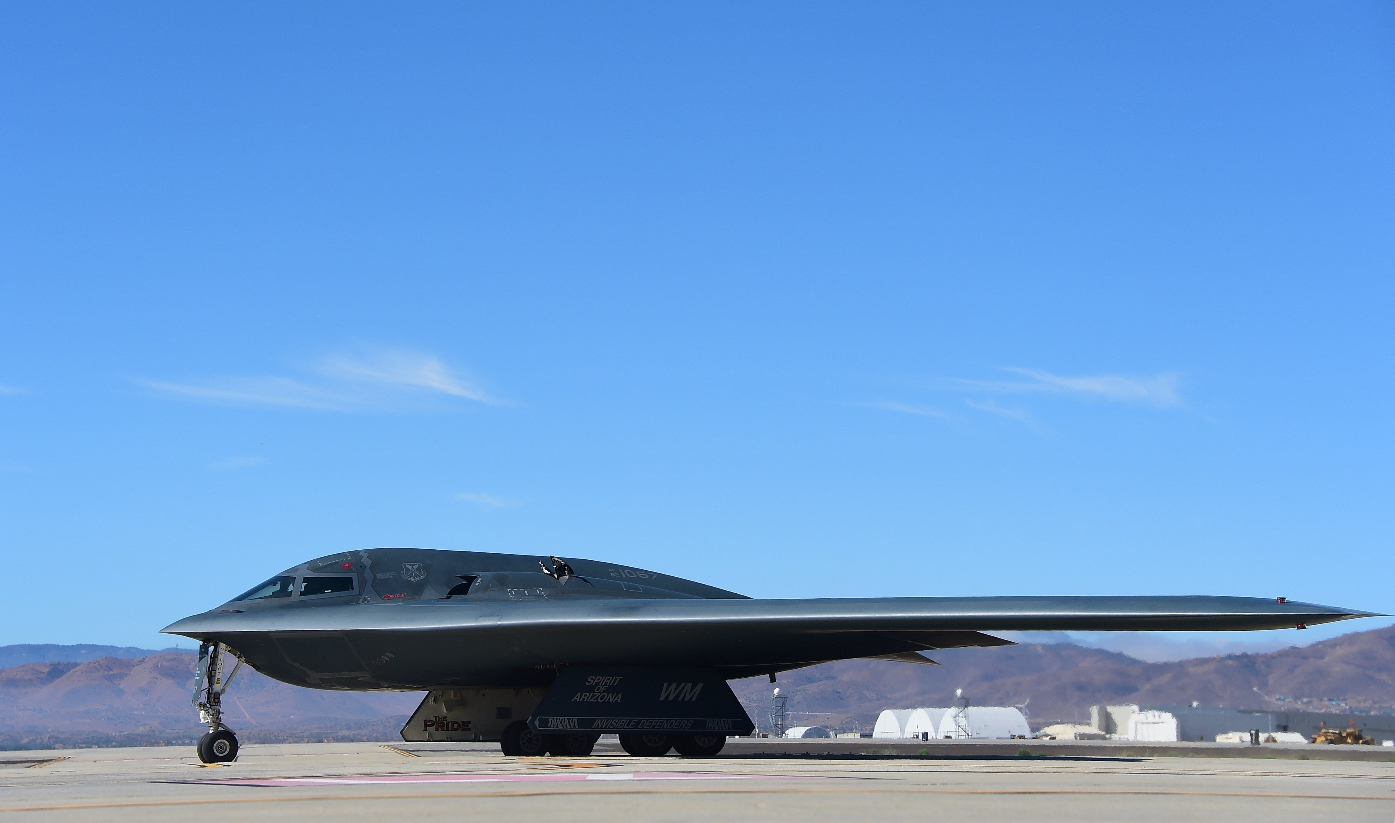 A B-2 Stealth Bomber pulls up on the runway after landing at the Palmdale Aircraft Integration Center of Excellence in California in July 2014