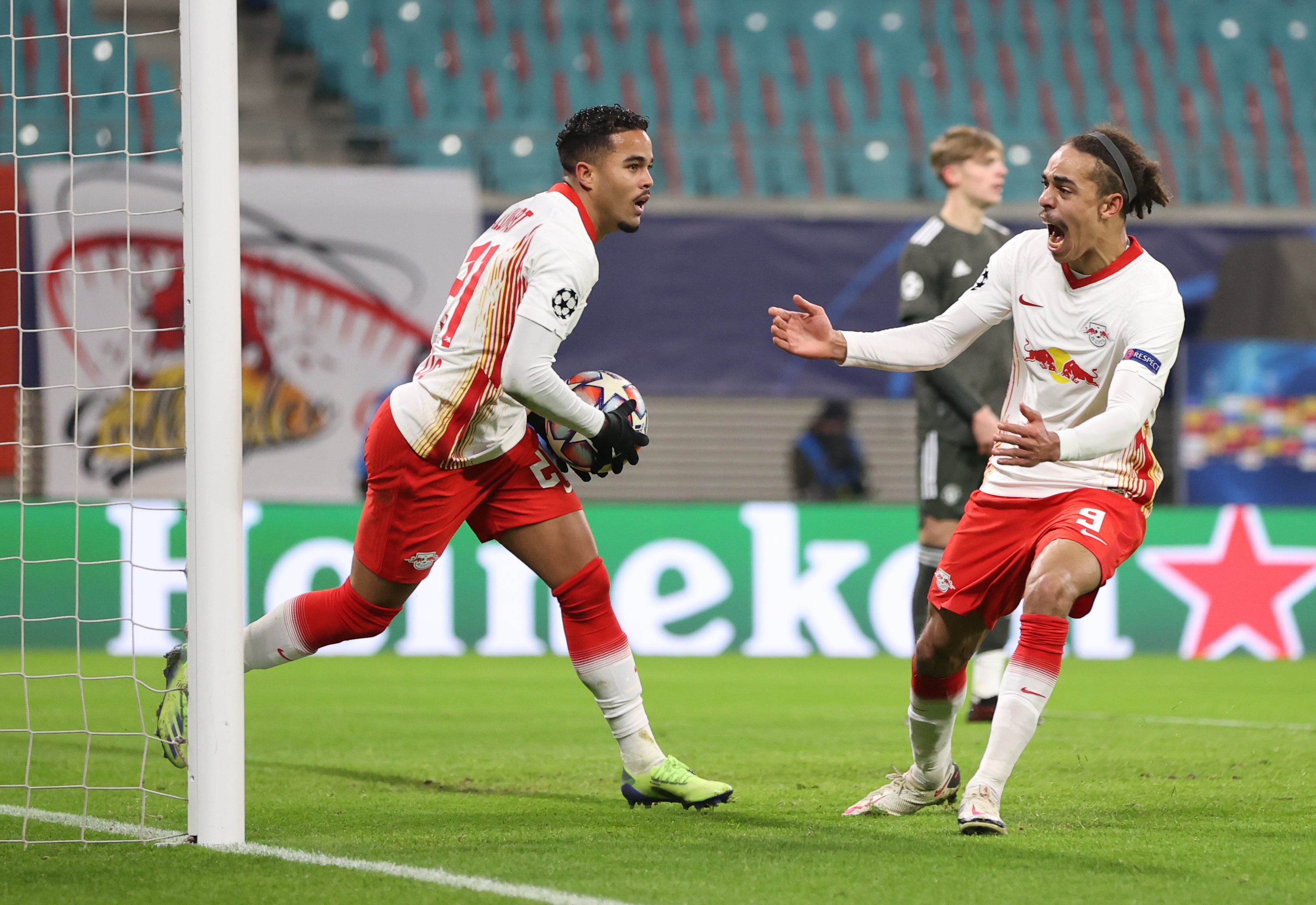 RB Leipzig’s Justin Kluivert celebrates scoring his side’s third goal against Manchester United (PA Wire via DPA)