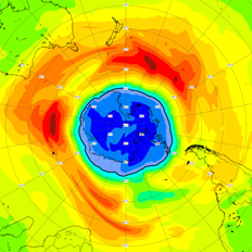 CAMS ozone forecasts for September 14 show low values covering nearly the whole Antarctic continent