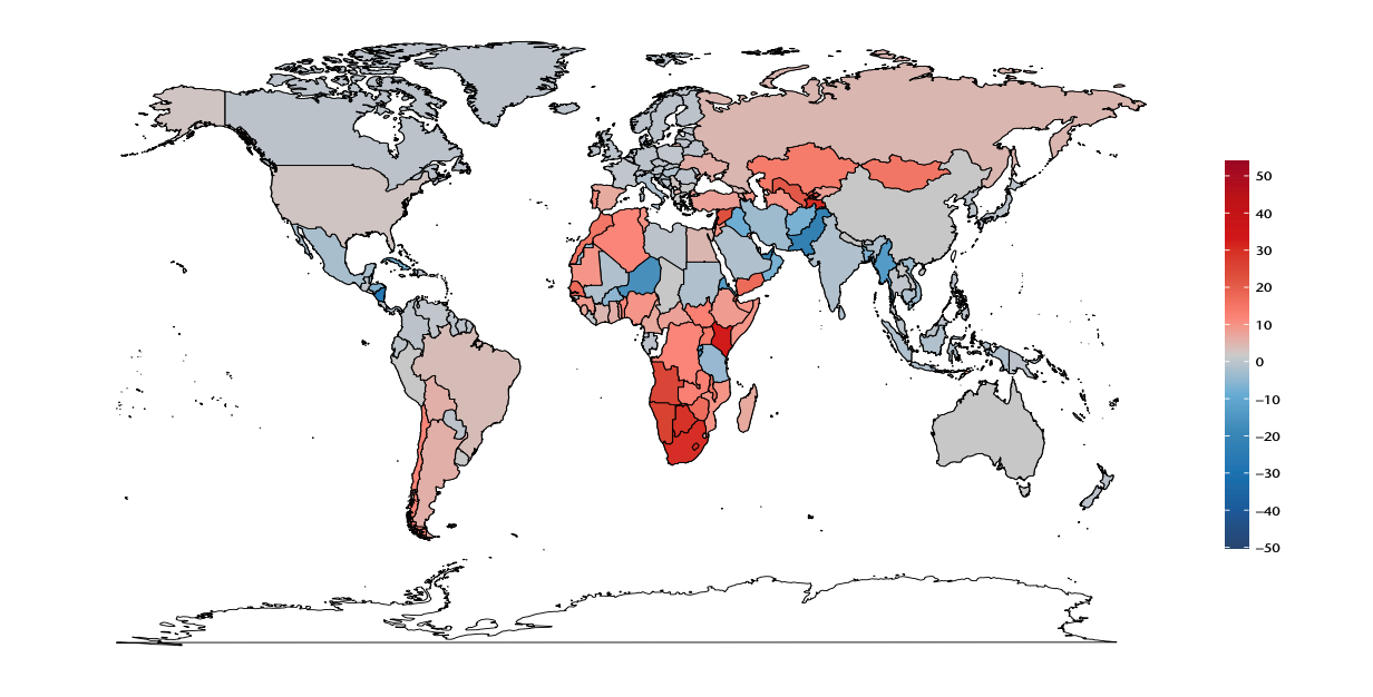 Change in the average number of days per year each person was exposed to very high or extremely high wildfire risk in 2016–2019 compared to 2001–2004