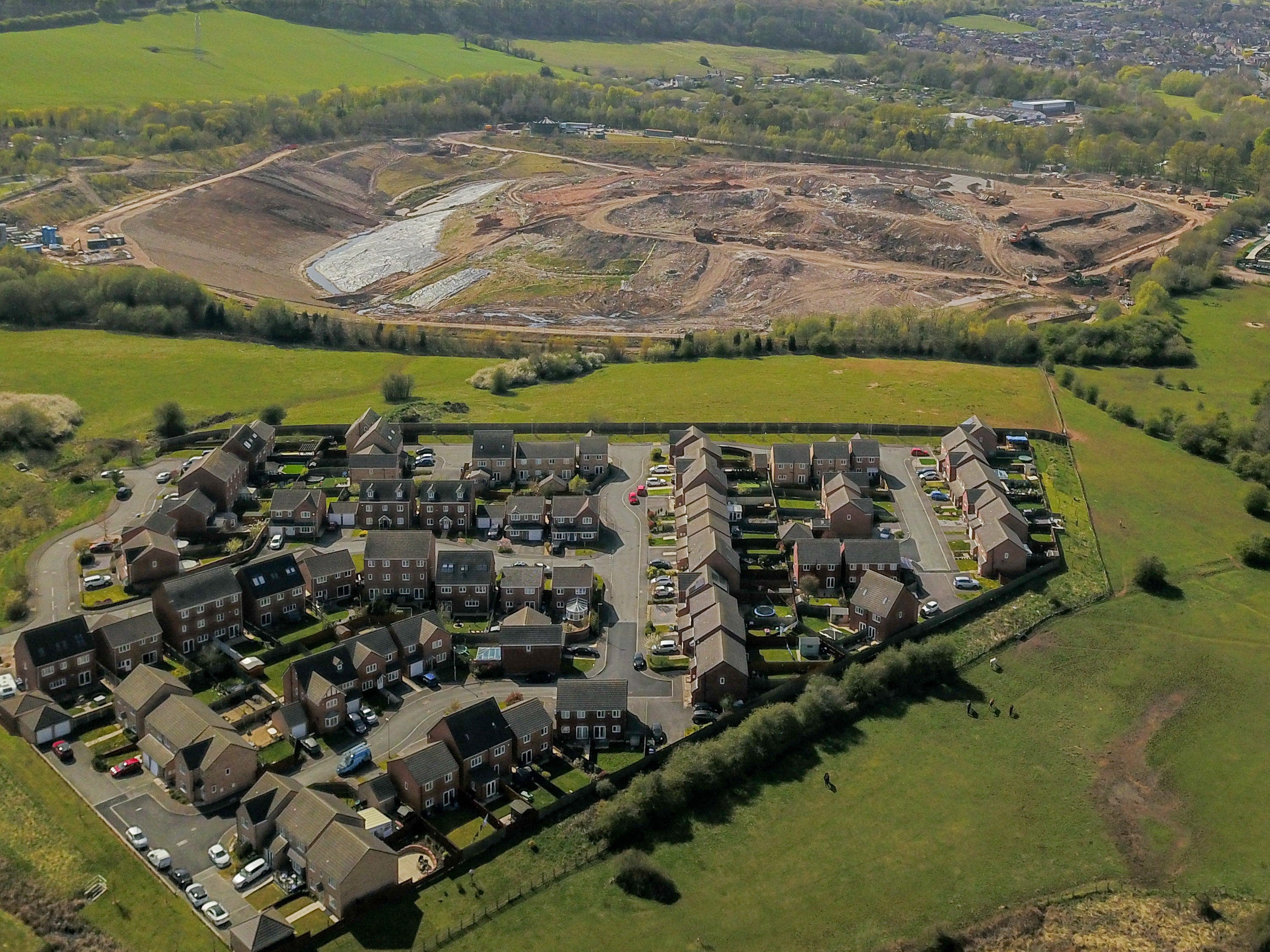 Aerial view of Walleys Quarry landfill beside the town of Silverdale, Newcastle-under-Lyme