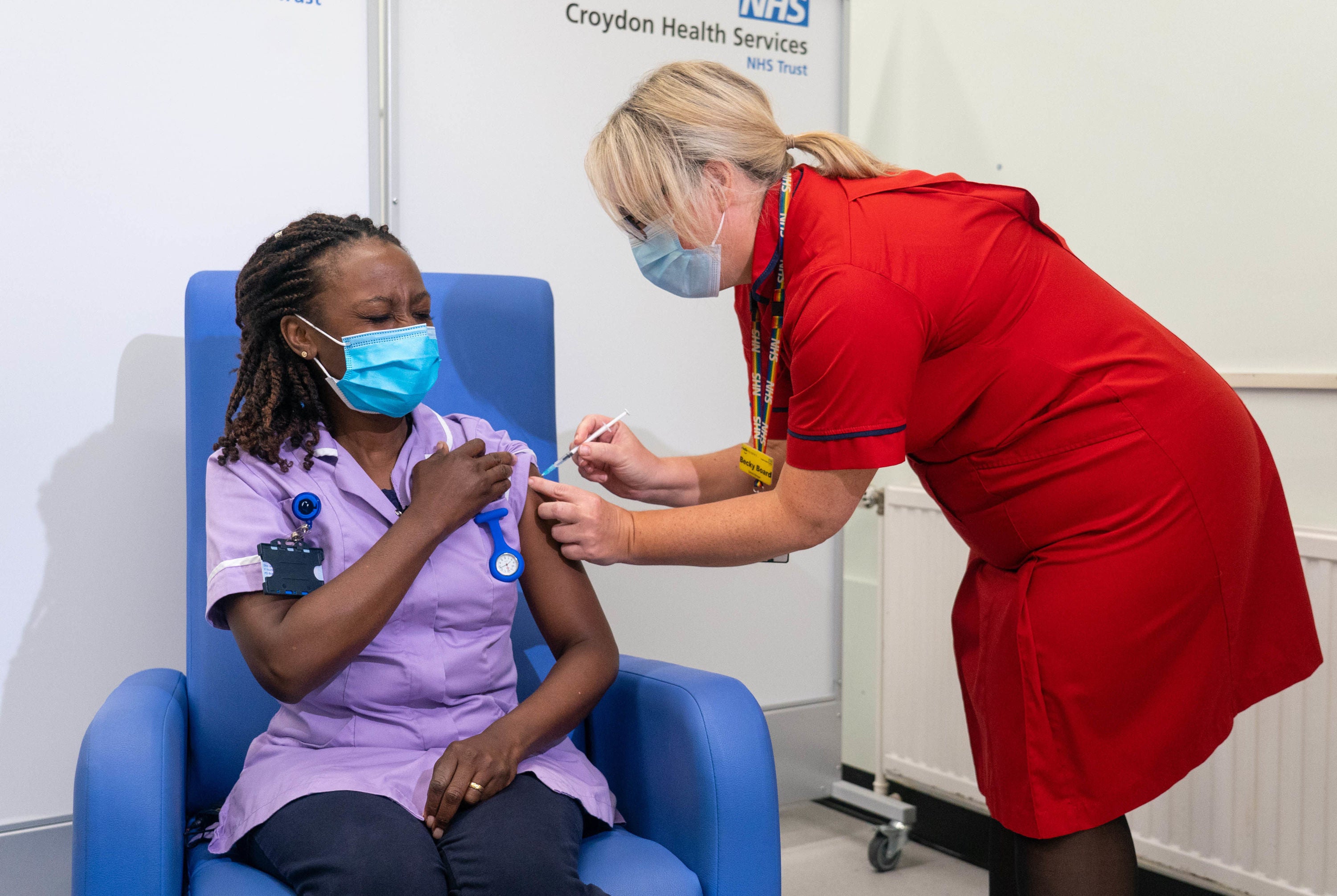 Catherine Cargill, who works at Croydon University Hospital, is one of the first to get a booster jab on Thursday