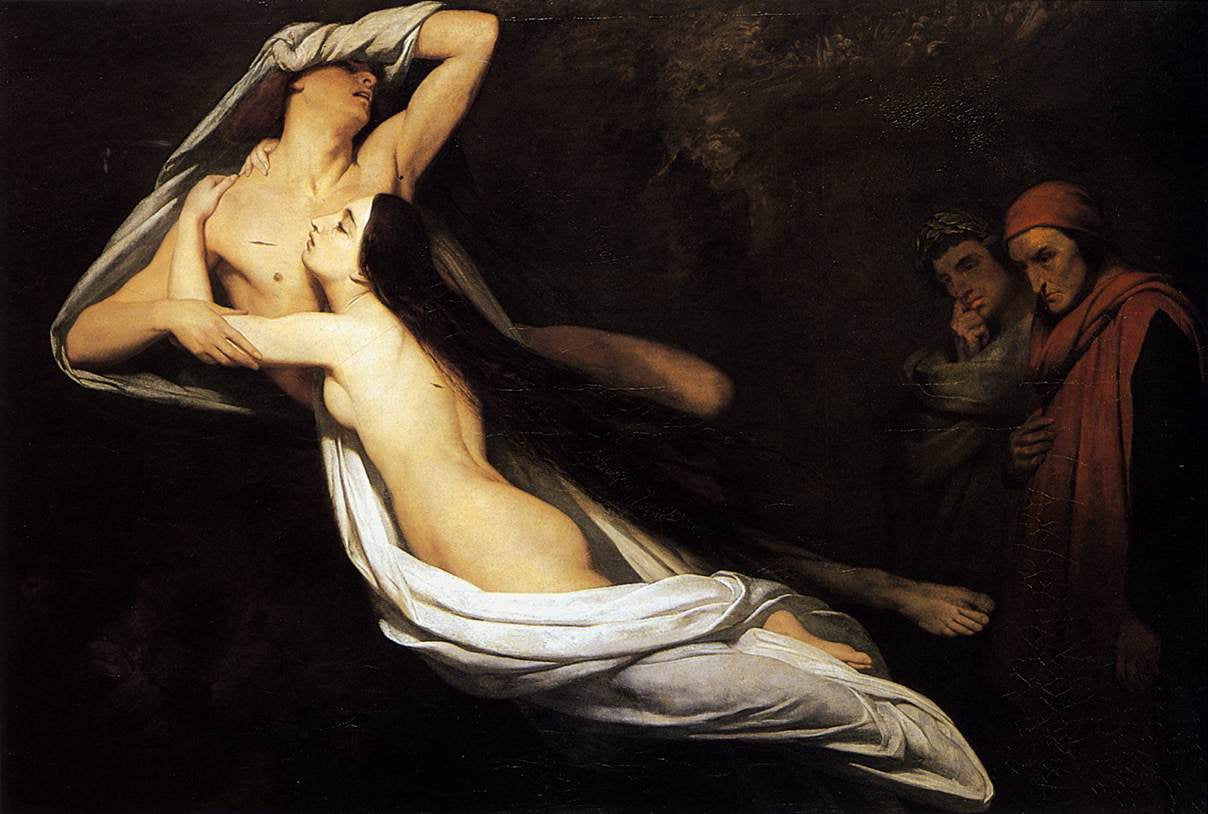 Francesca da Rimini and Paolo Malatesta are shown in Hell, while Dante and Virgil are to the right, viewing them in Ary Scheffer’s depiction