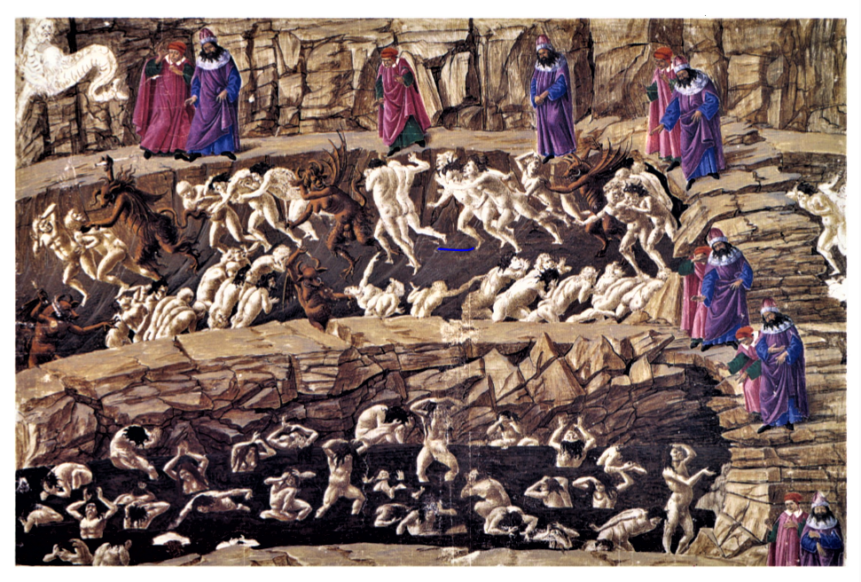 The eighth circle of hell, or Malebolge, reserved for those who caused schism and division, painted by Sandro Botticelli