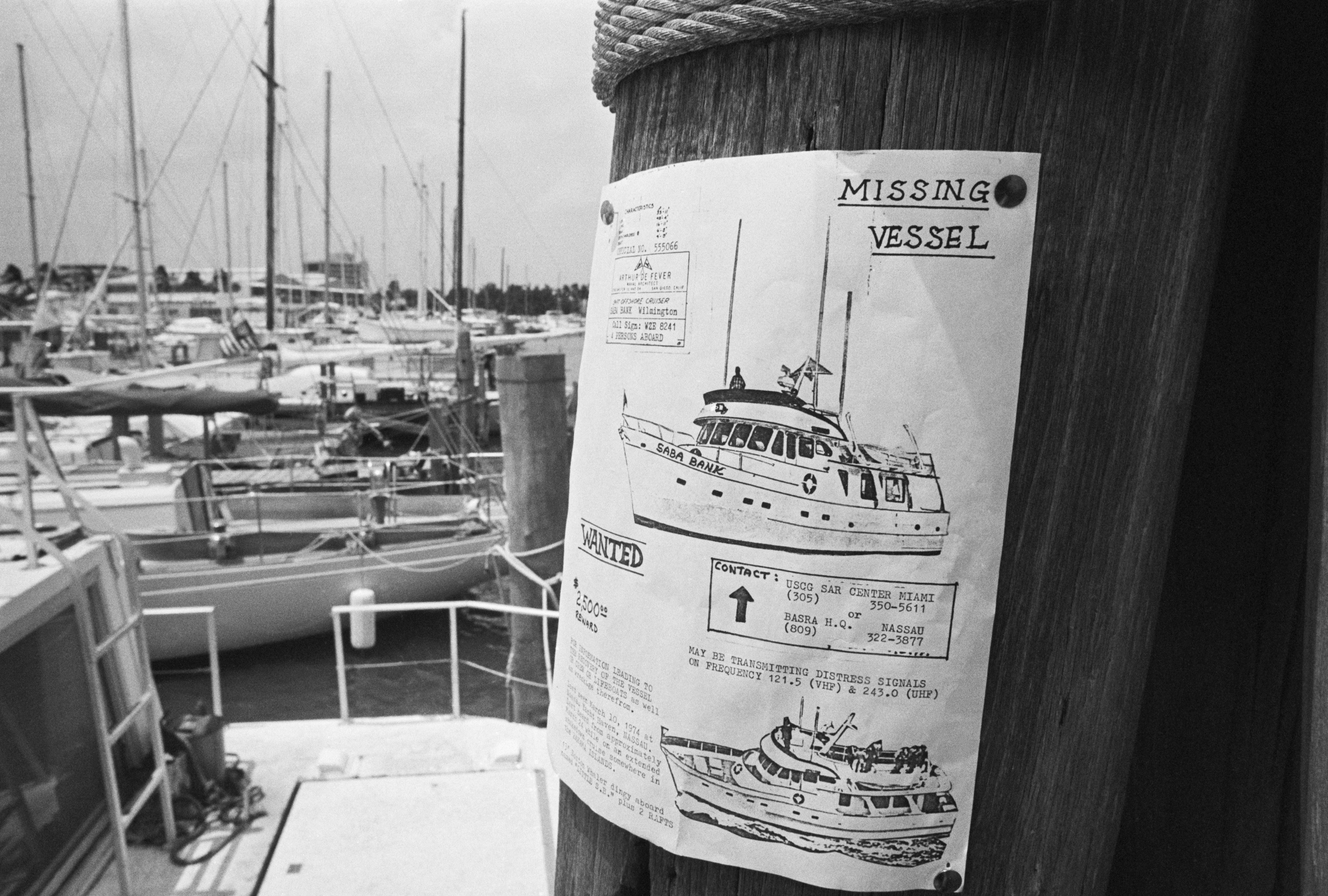 A reward poster at a marina for the yacht ‘Saba Bank’, which went missing in March 1974