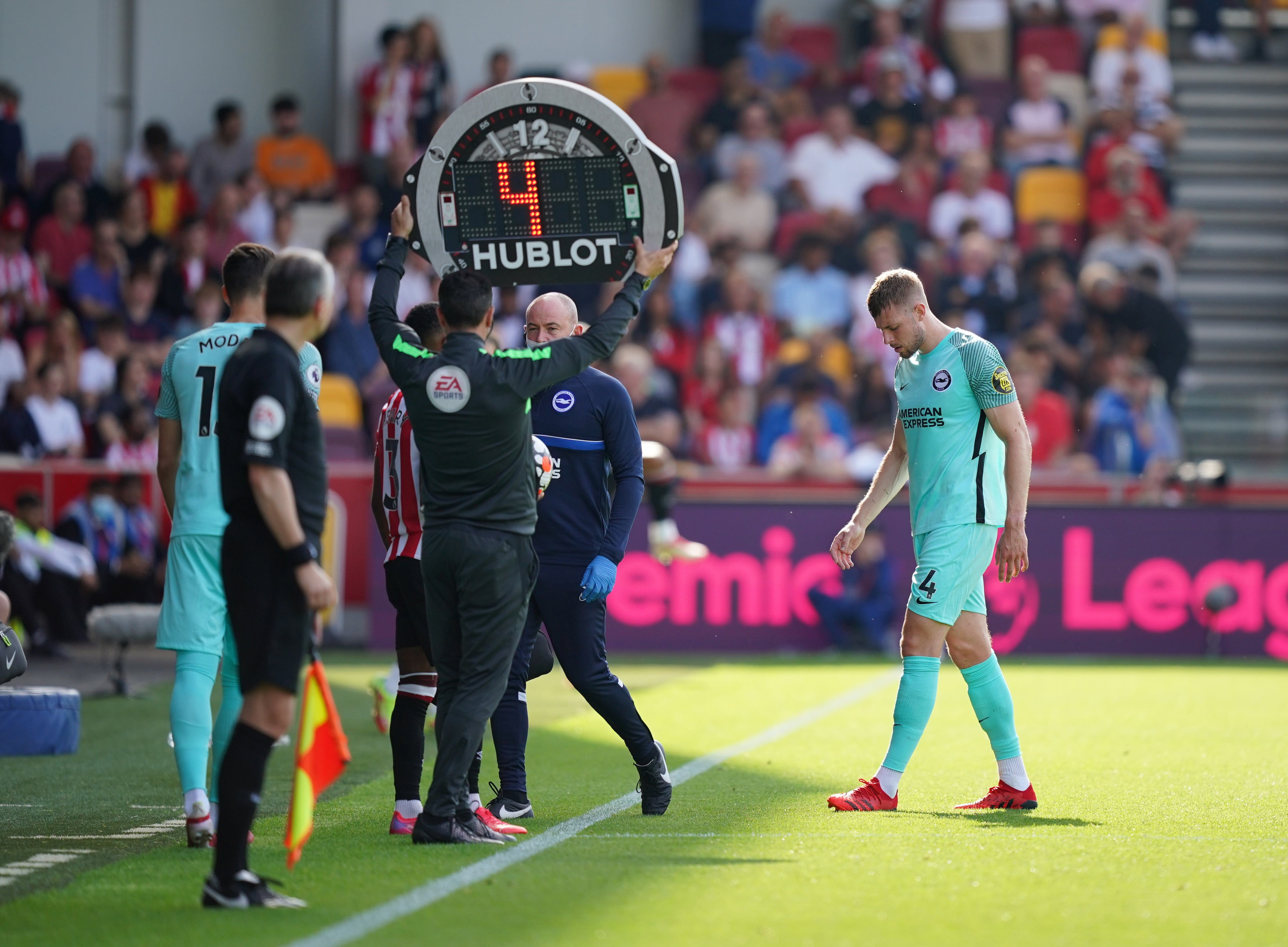 Adam Webster came off in the first half of Brighton’s win at Brentford having suffered a hamstring injury (Dominic Lipinski/PA).