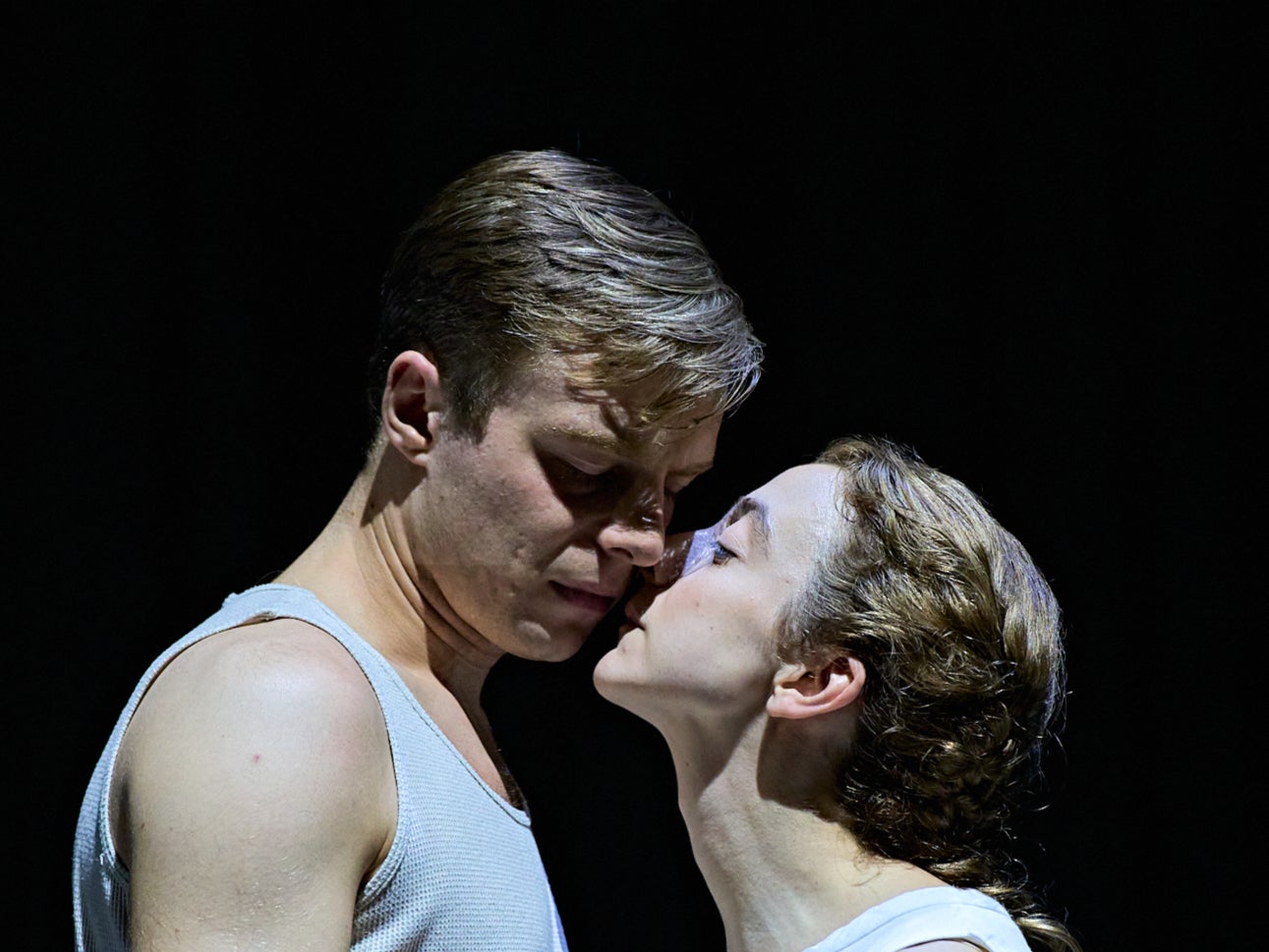 Luke Thallon (Him) and Patsy Ferran (Her) in Camp Siegfried at The Old Vic