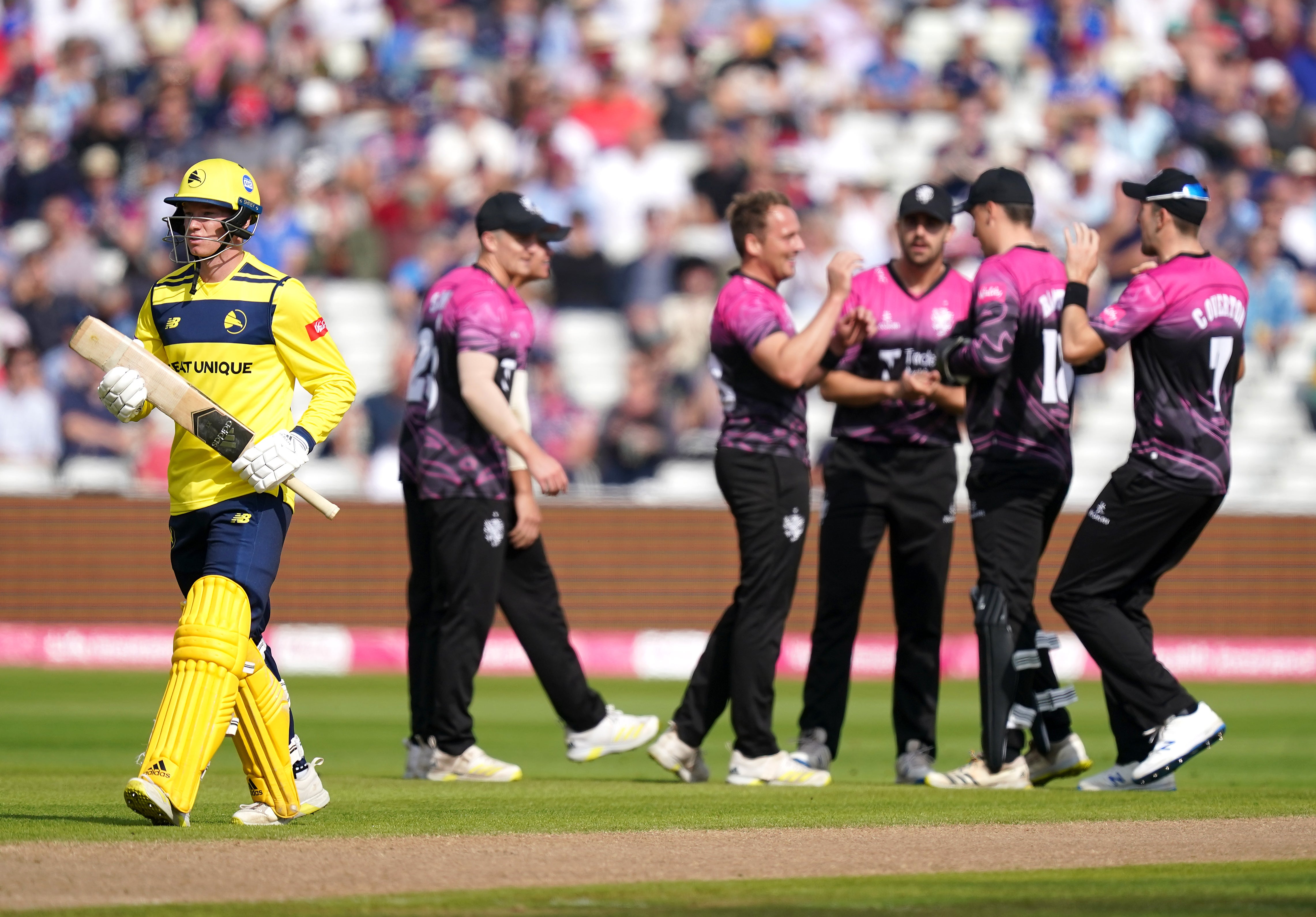 Josh Davey, centre, starred with the ball and bat for Somerset (Mike Egerton/PA)