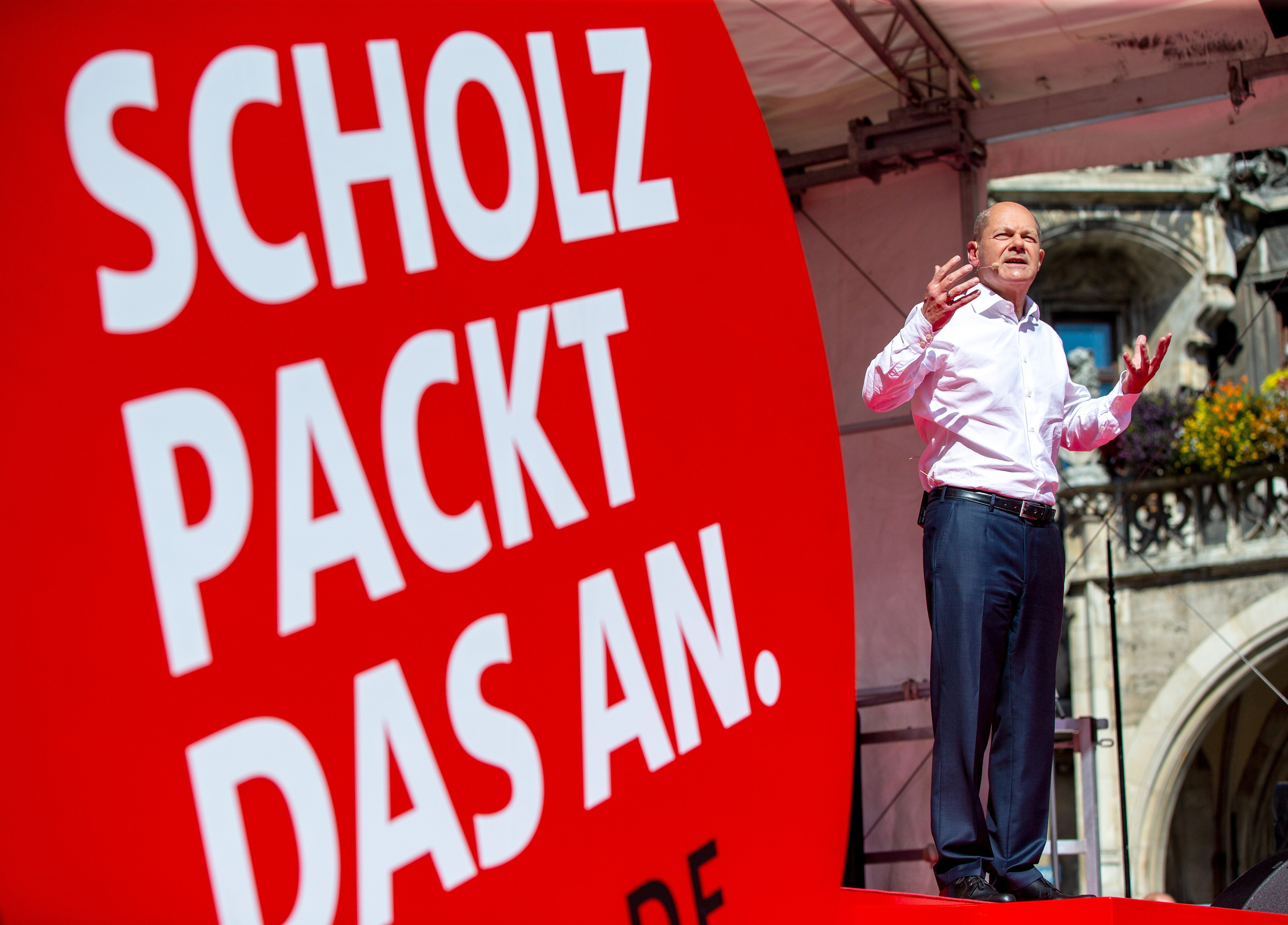 Olaf Scholz, chancellor candidate of the German Social Democrats, speaks at an election campaign last week