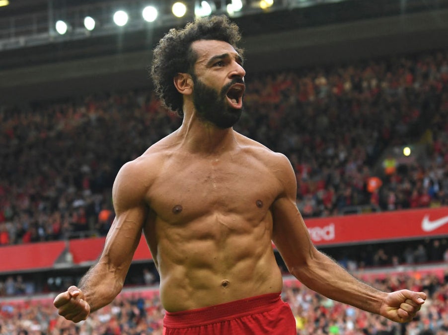 Mohamed Salah celebrates scoring for Liverpool