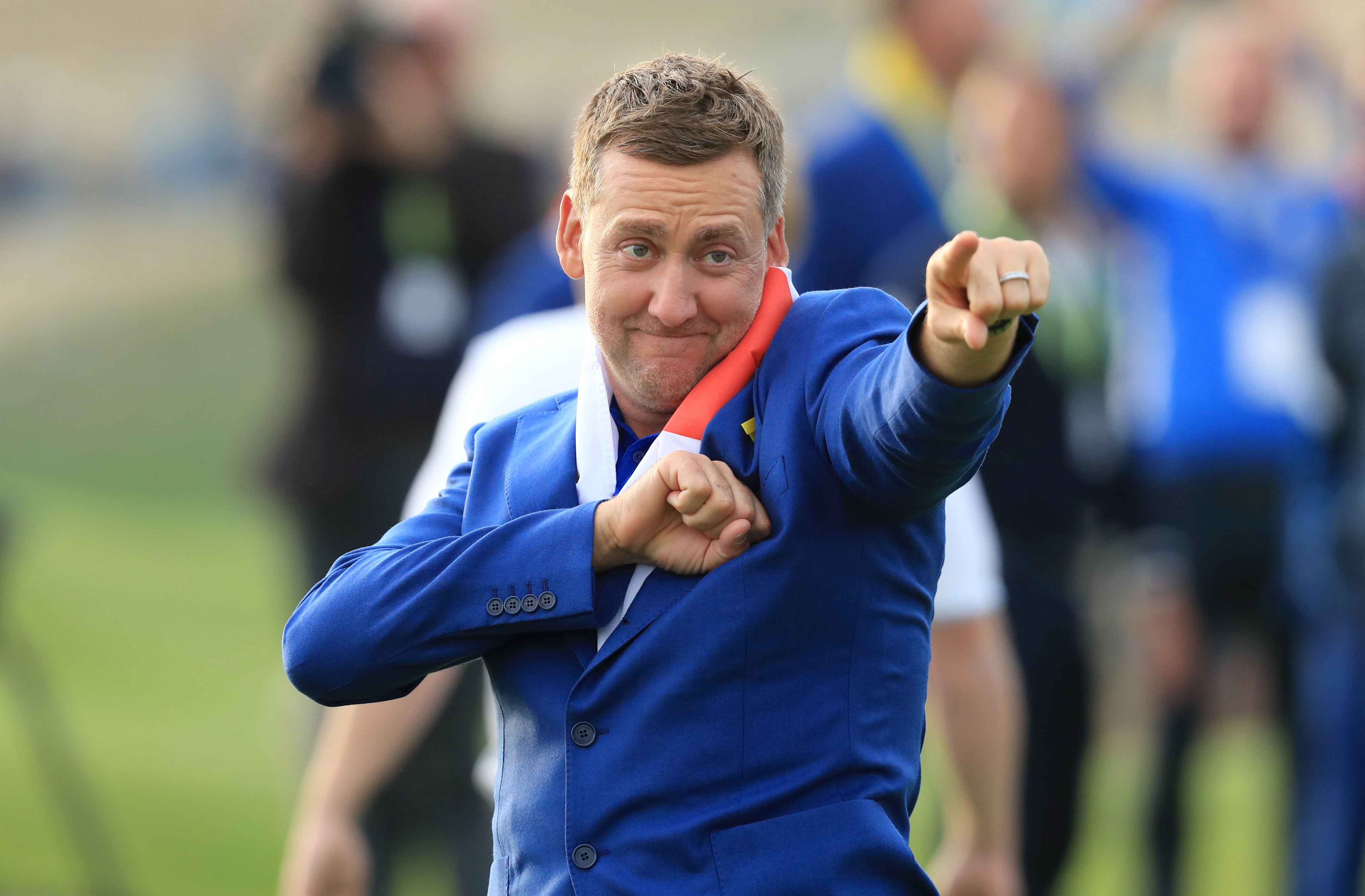 Ian Poulter celebrates after Europe’s Ryder Cup win at Le Golf National (Gareth Fuller/PA)