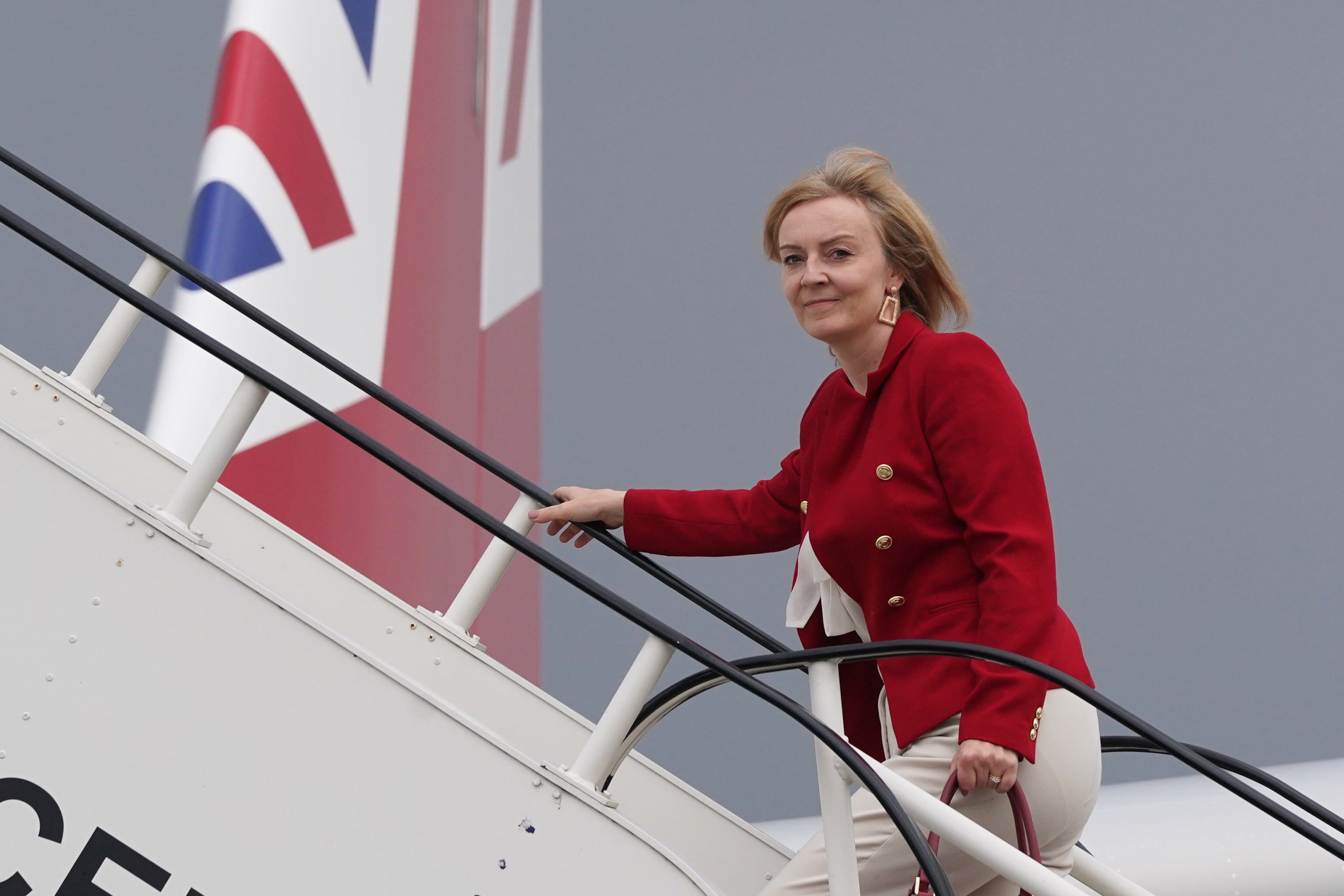Liz Truss boards RAF Voyager at Stansted Airport ahead of a four-day visit to New York and Washington