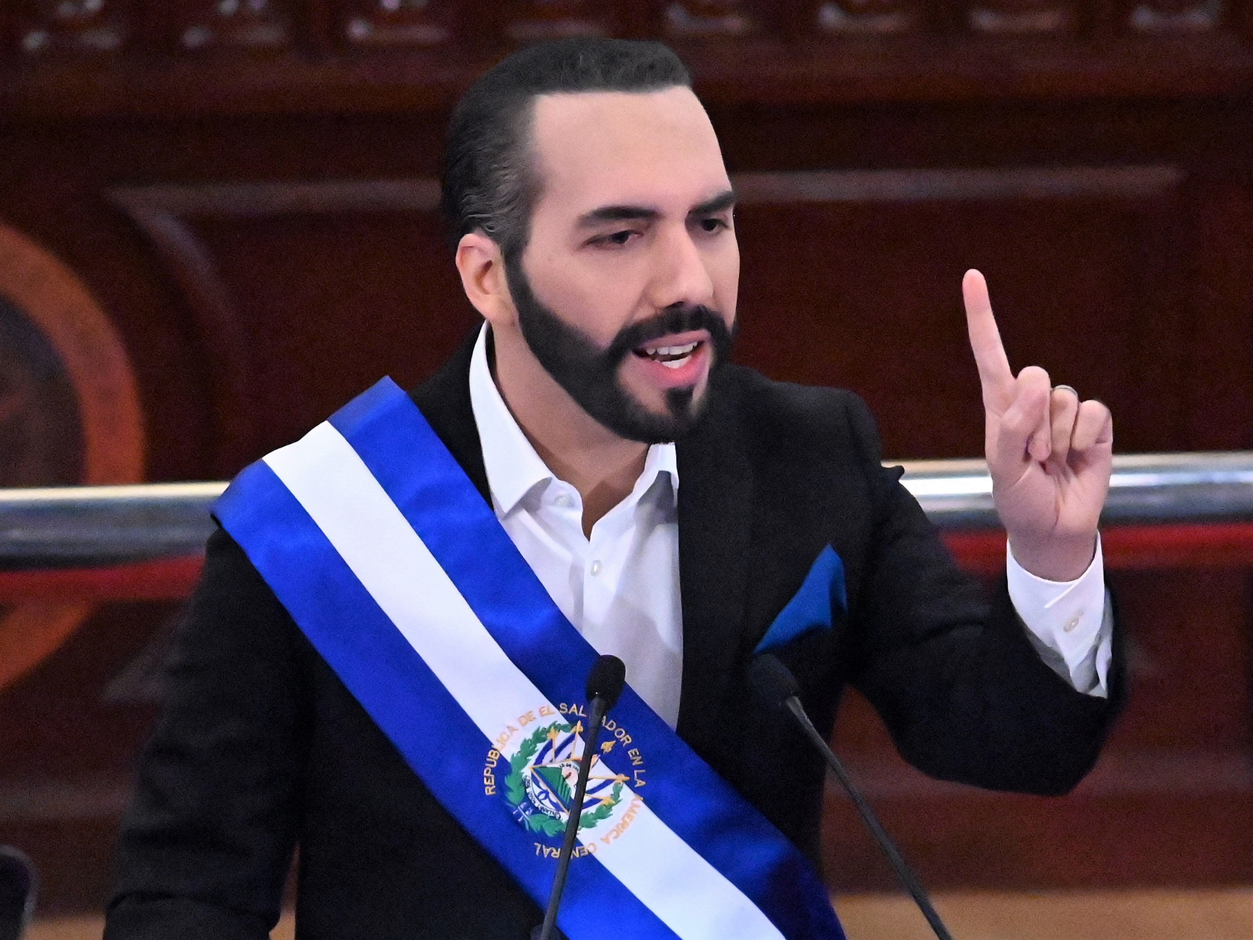 Salvadoran President Nayib Bukele delivers his annual address to the nation marking his second year in office at the Legislative Assembly in San Salvador on 1 June, 2021