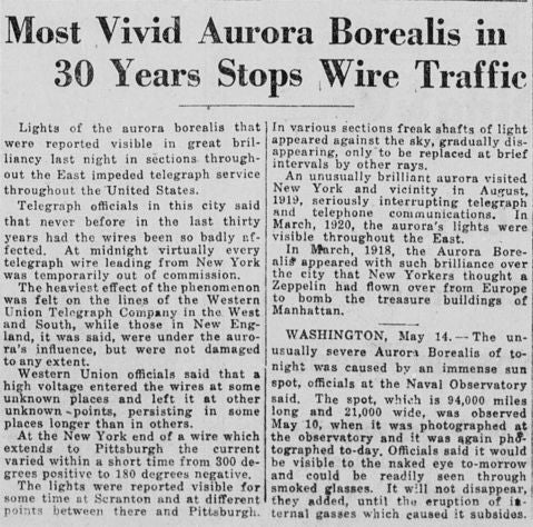 May 15 1921 report of solar storm disrupting telegraph wires in New York