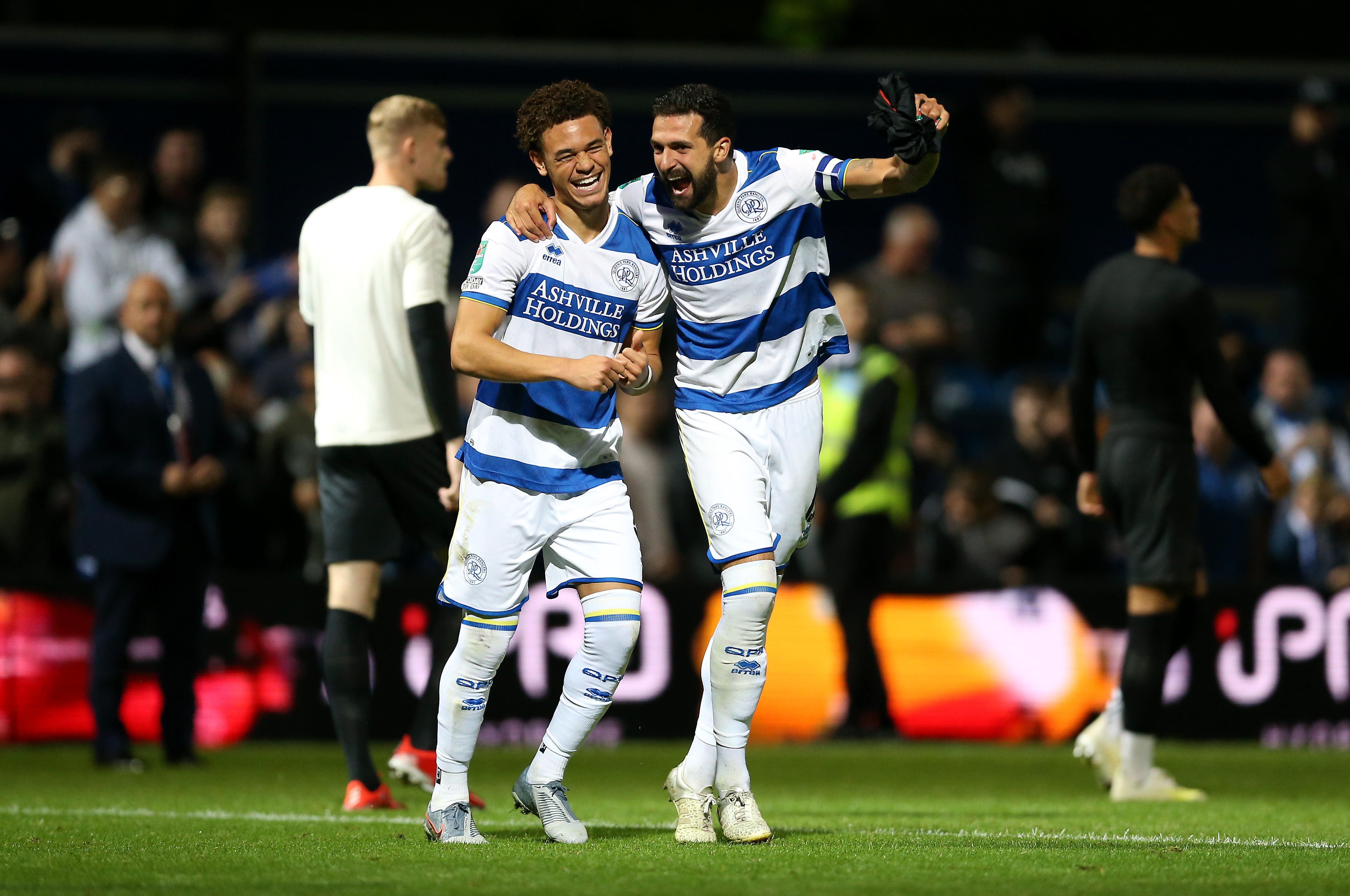 Luke Amos and Yoann Barbet celebrate winning the penalty shoot out (Nigel French/PA)