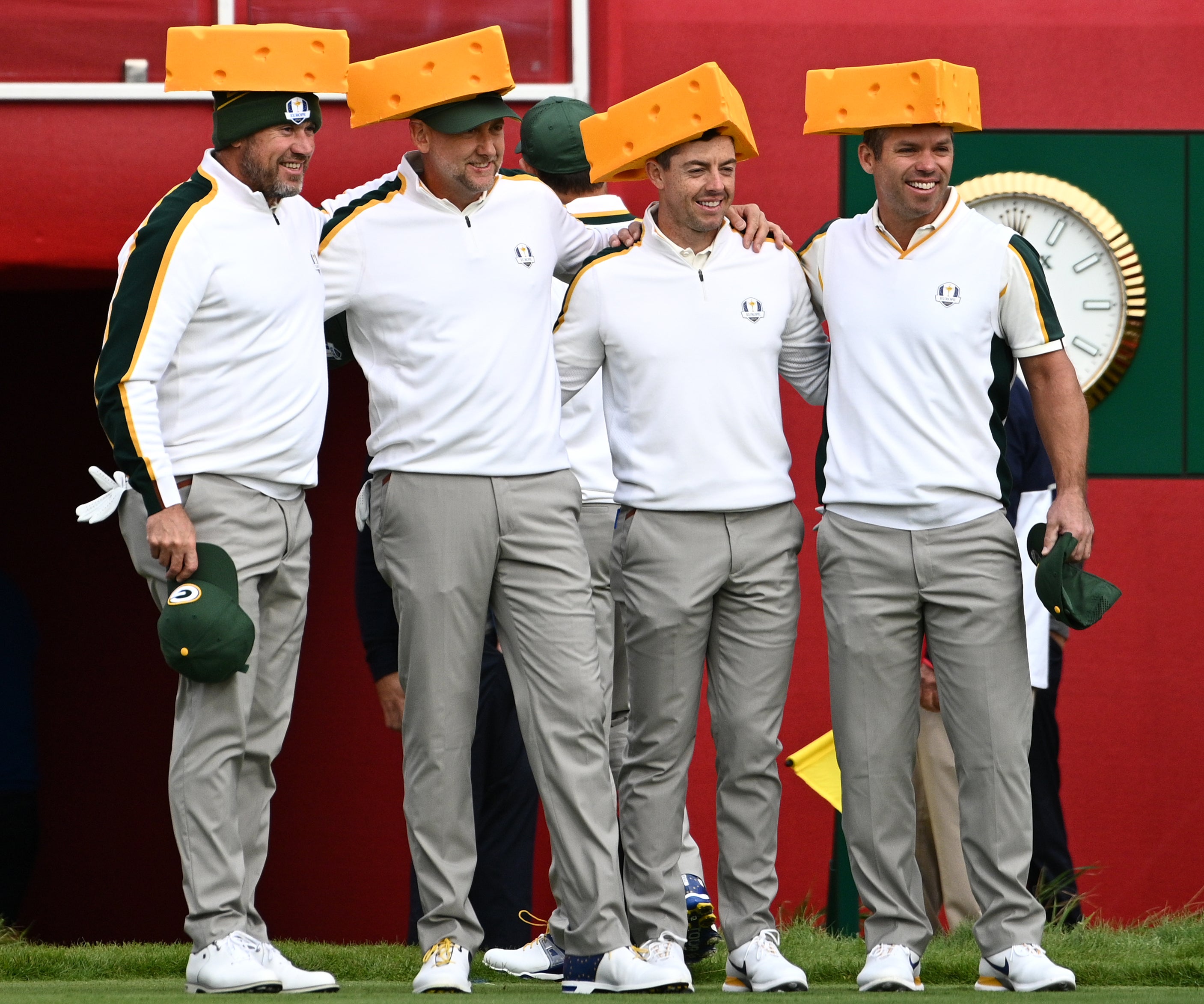 Team Europe’s Lee Westwood, Ian Poulter, Rory McIlroy and Paul Casey (left-right) arrive on the first tee wearing Green Bay Packers cheesehead hats ahead of the 43rd Ryder Cup (Anthony Behar/PA)