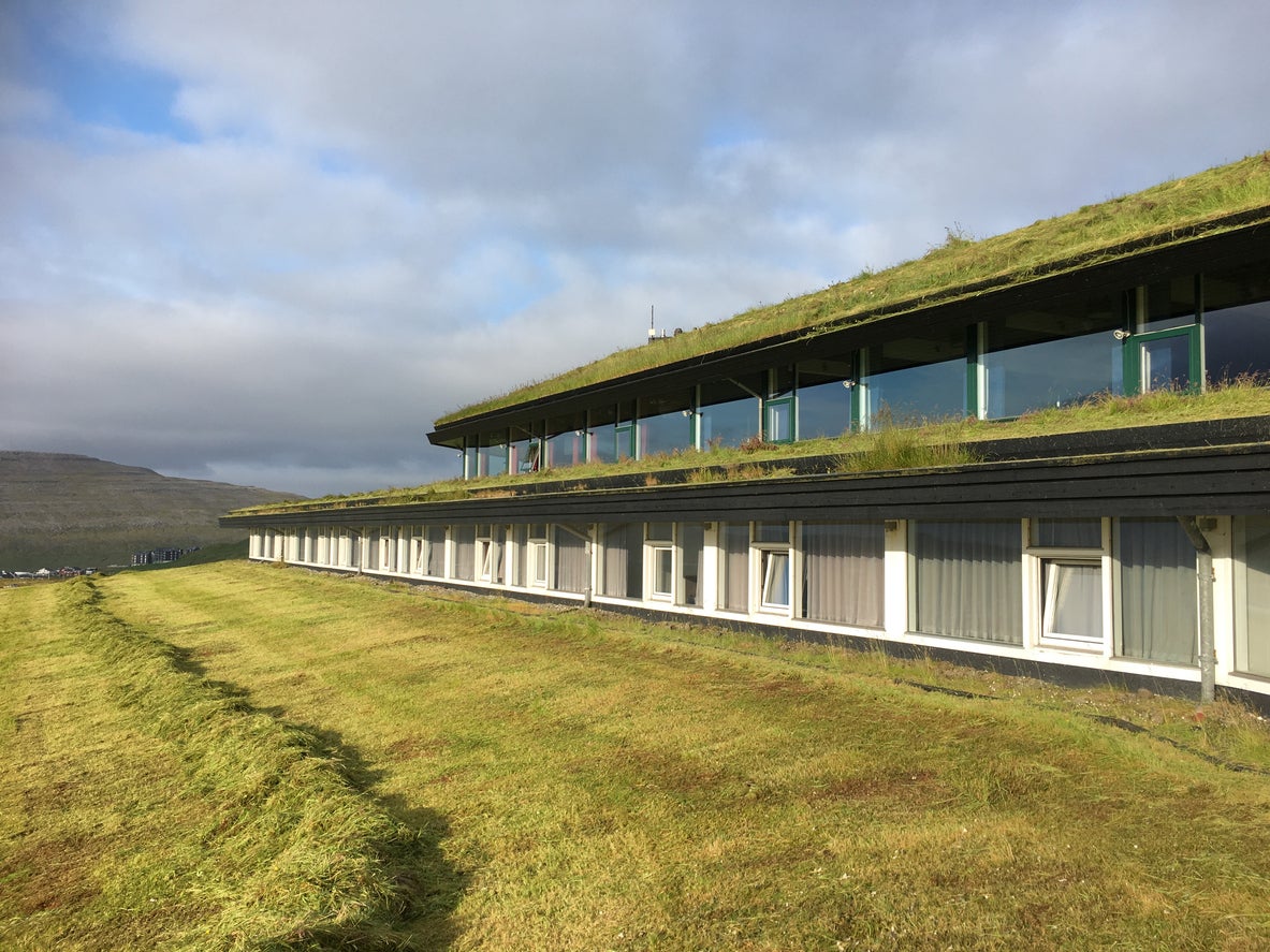 Grass roofs adorn the Hotel Foroyar