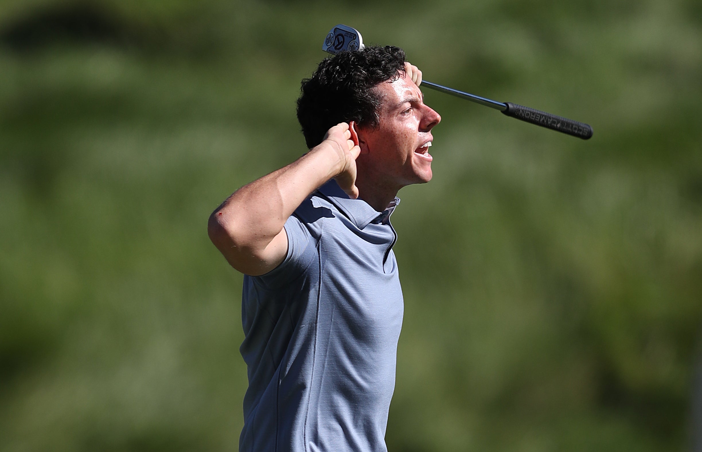 Rory McIlroy celebrates his putt on the eighth hole during his singles match against Patrick Reed at Hazeltine (David Davies/PA)