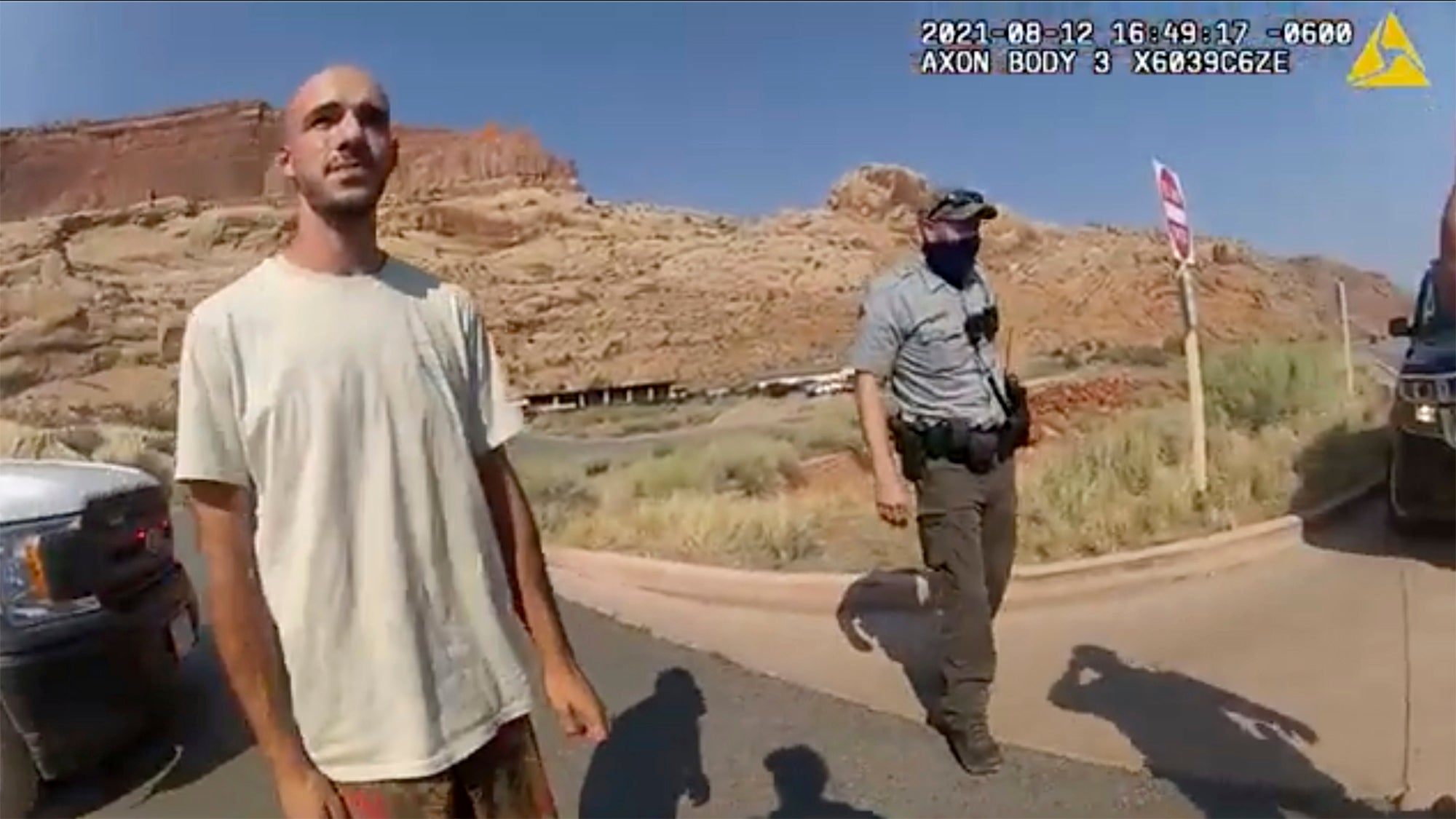 This police camera video provided by The Moab Police Department shows Brian Laundrie talking to a police officer after police pulled over the van he was traveling in with his girlfriend, Gabrielle “Gabby” Petito, near the entrance to Arches National Park on Aug. 12, 2021.