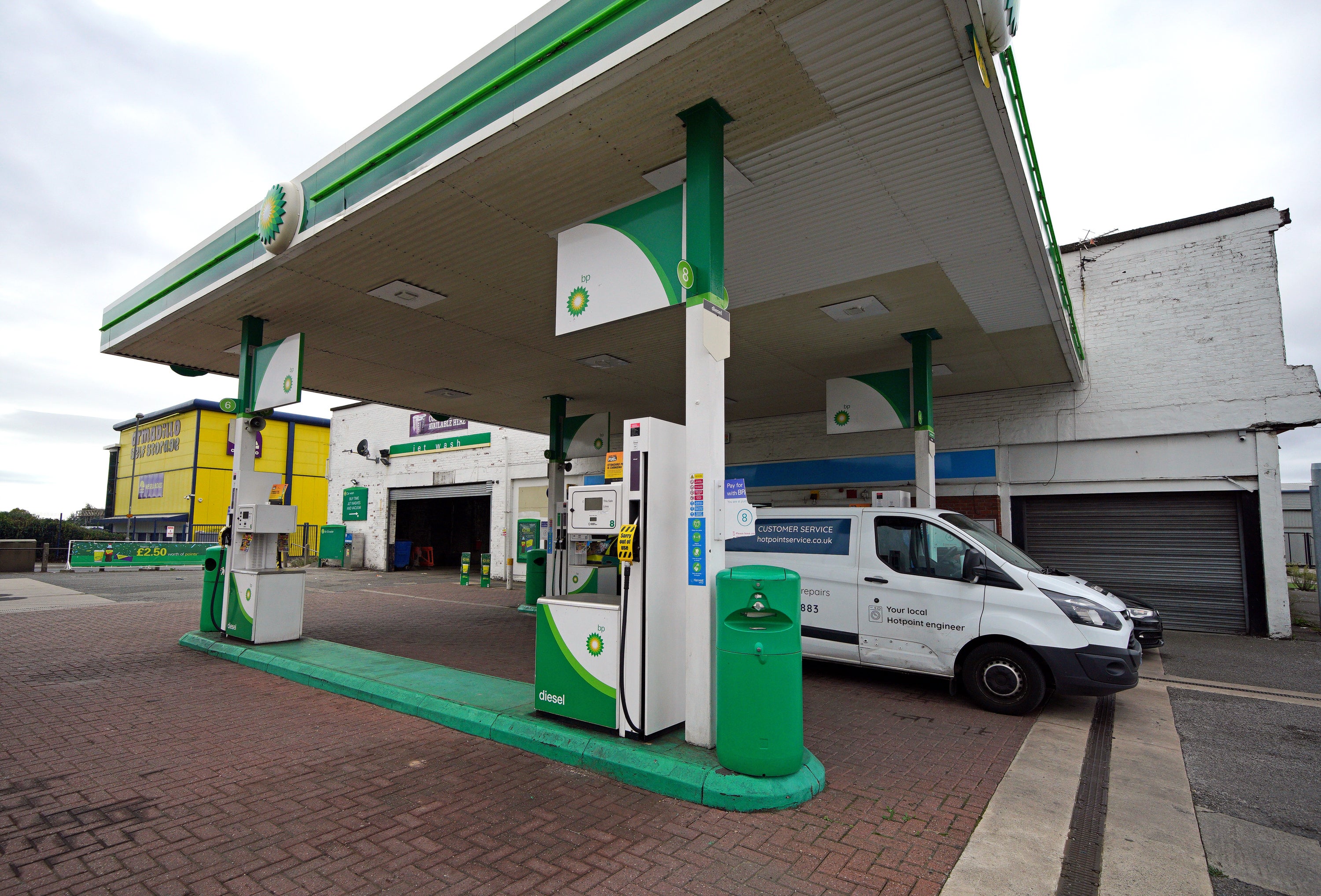 An out of use sign on a petrol pump at a BP garage on Speke Hall Road, Liverpool. The HGV driver shortage has hit oil giant BP with deliveries of petrol and diesel to forecourts across the UK set to be reduced to ensure supplies do not run out.