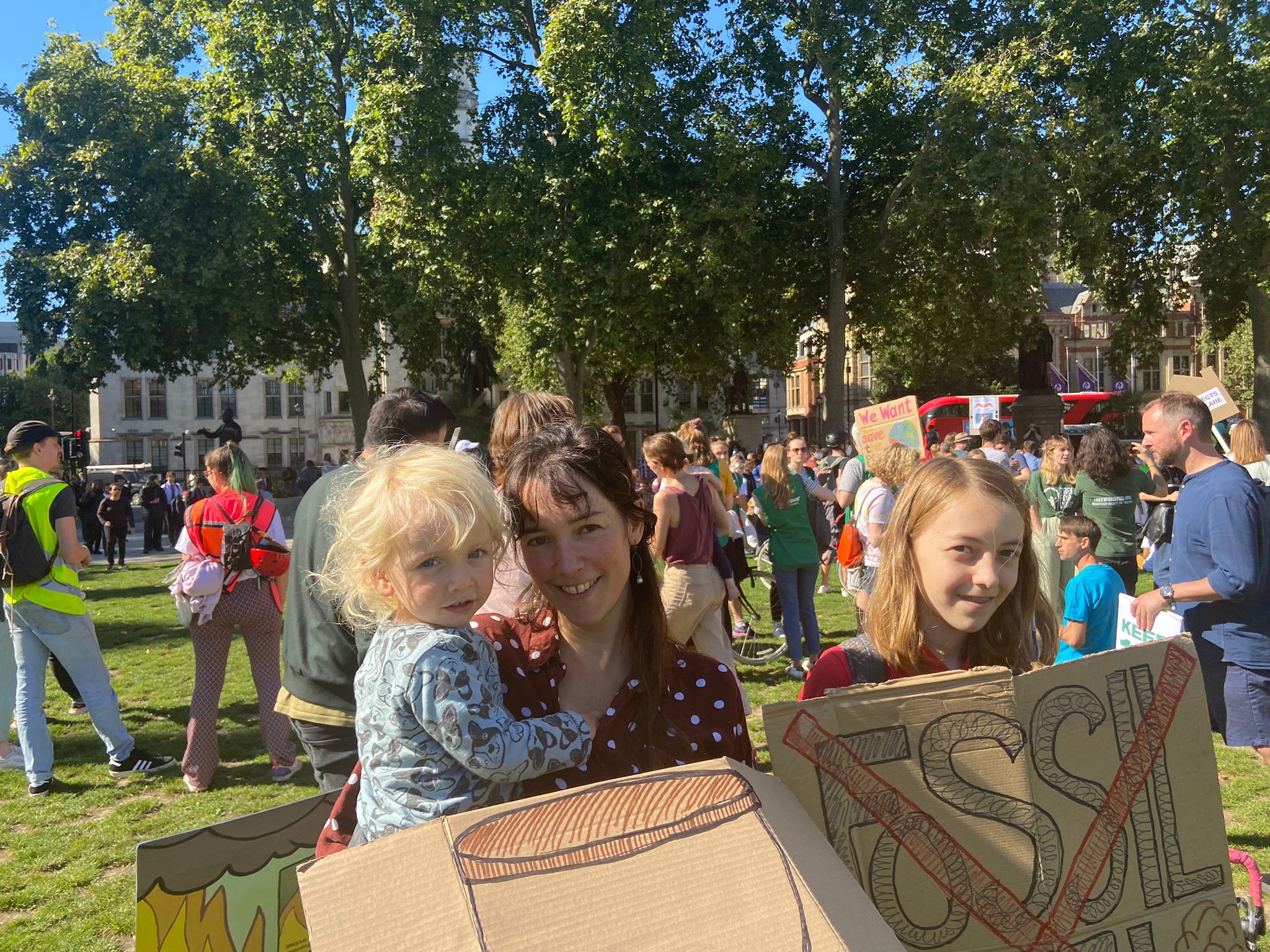 Becky Truscott allowed her daughter May (R) to skip lessons in order to be at the protest