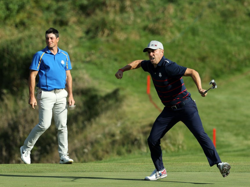 Justin Thomas celebrates during the 2021 Ryder Cup