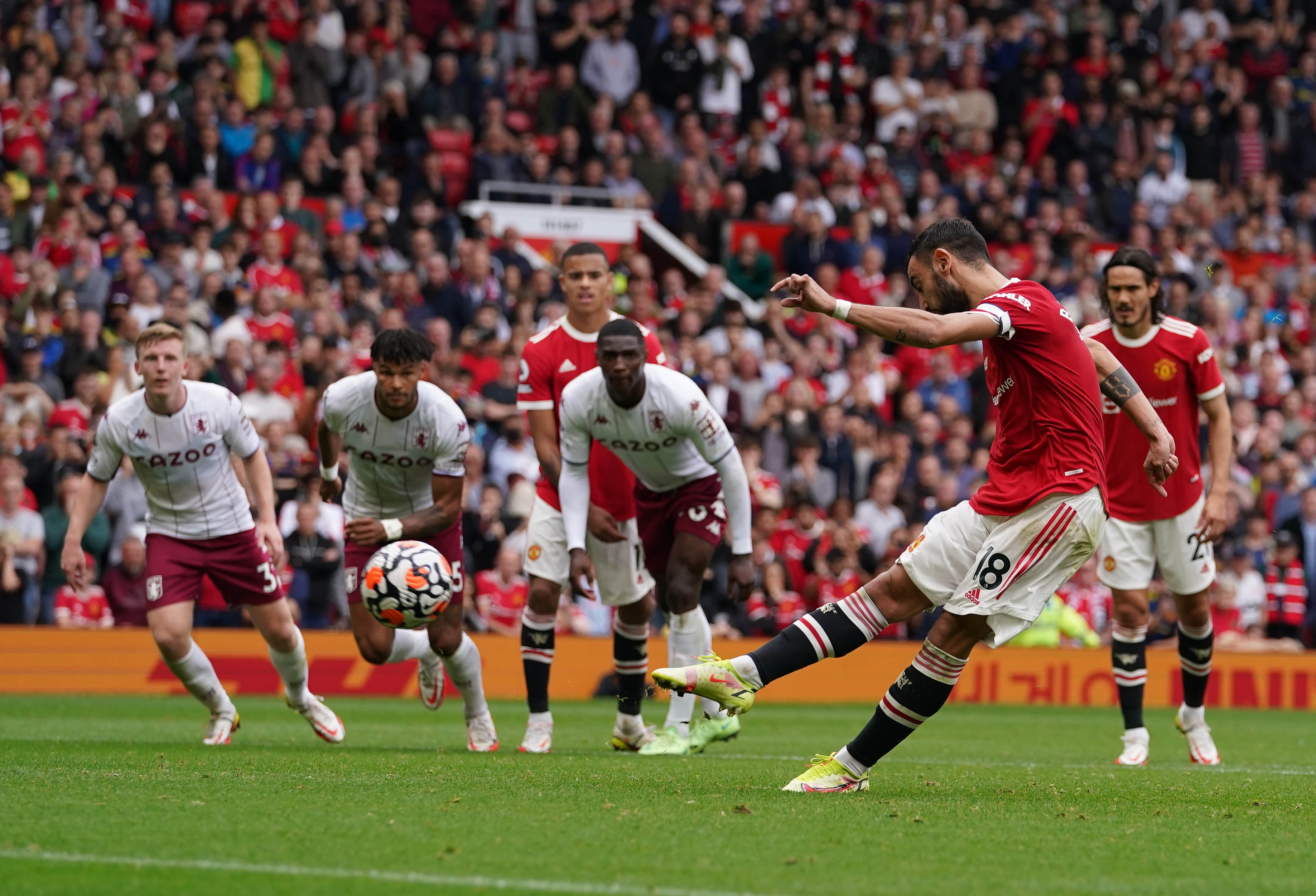 Bruno Fernandes sends his penalty high over the bar against Aston Villa (Martin Rickett/PA)