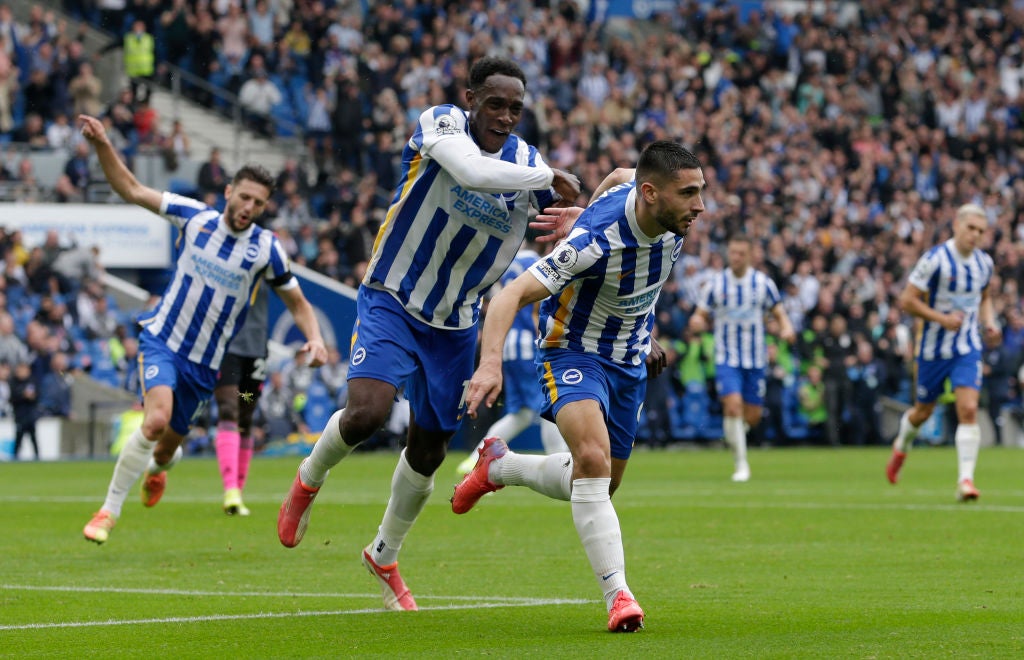 Neal Maupay celebrates his goal against Leicester last weekend