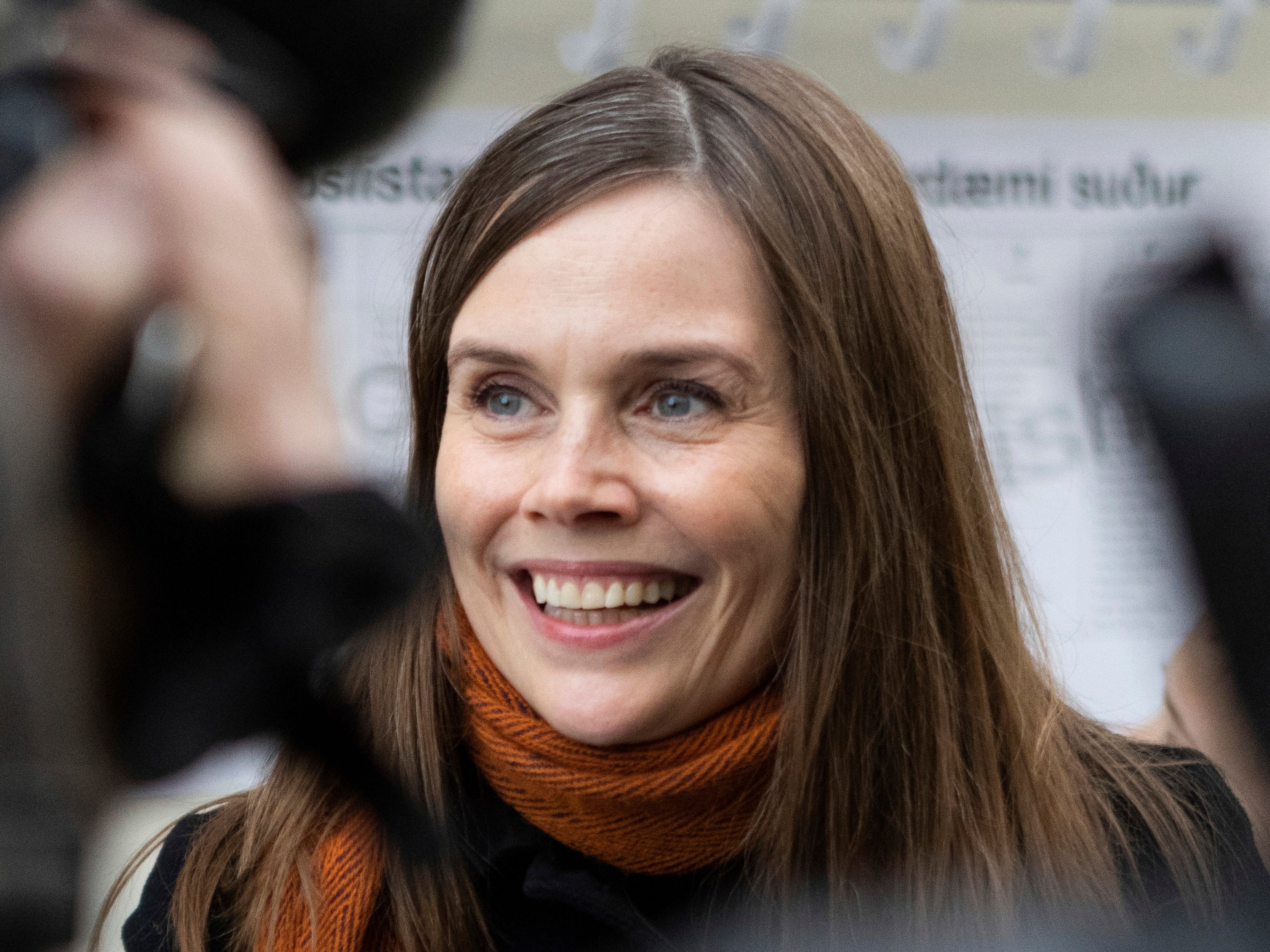 Iceland's Prime Minister Katrin Jakobsdottir speaks to the media after voting at a polling station in Reykjavik, Iceland, Saturday, 25 September 2021