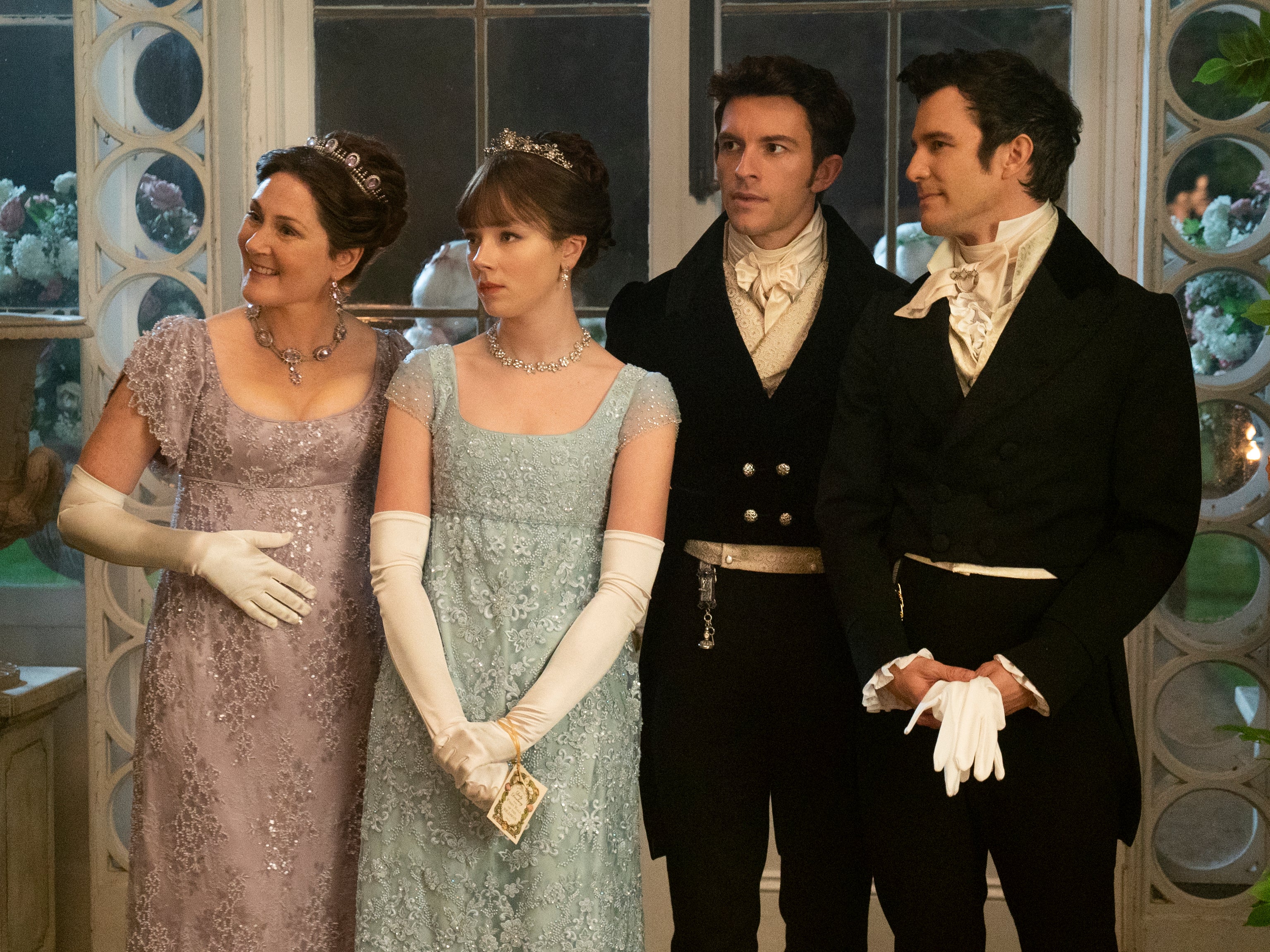 Ruth Gemmell as Lady Violet Bridgerton, Claudia Jessie as Eloise Bridgerton, Jonathan Bailey as Anthony Bridgerton, and Luke Thomspon as Benedict Bridgerton in season two