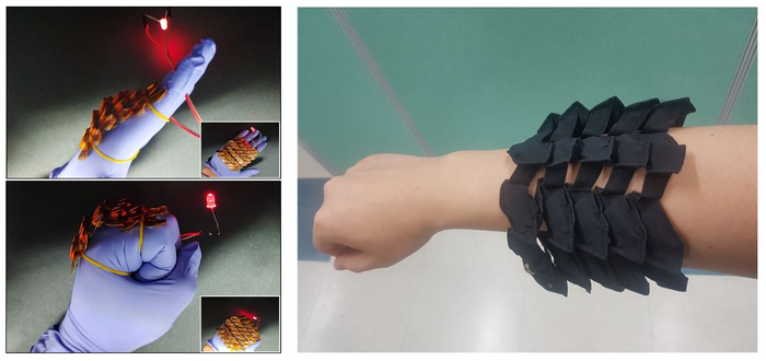 Flexible battery developed by KIMM engineers shown on an individual’s arm