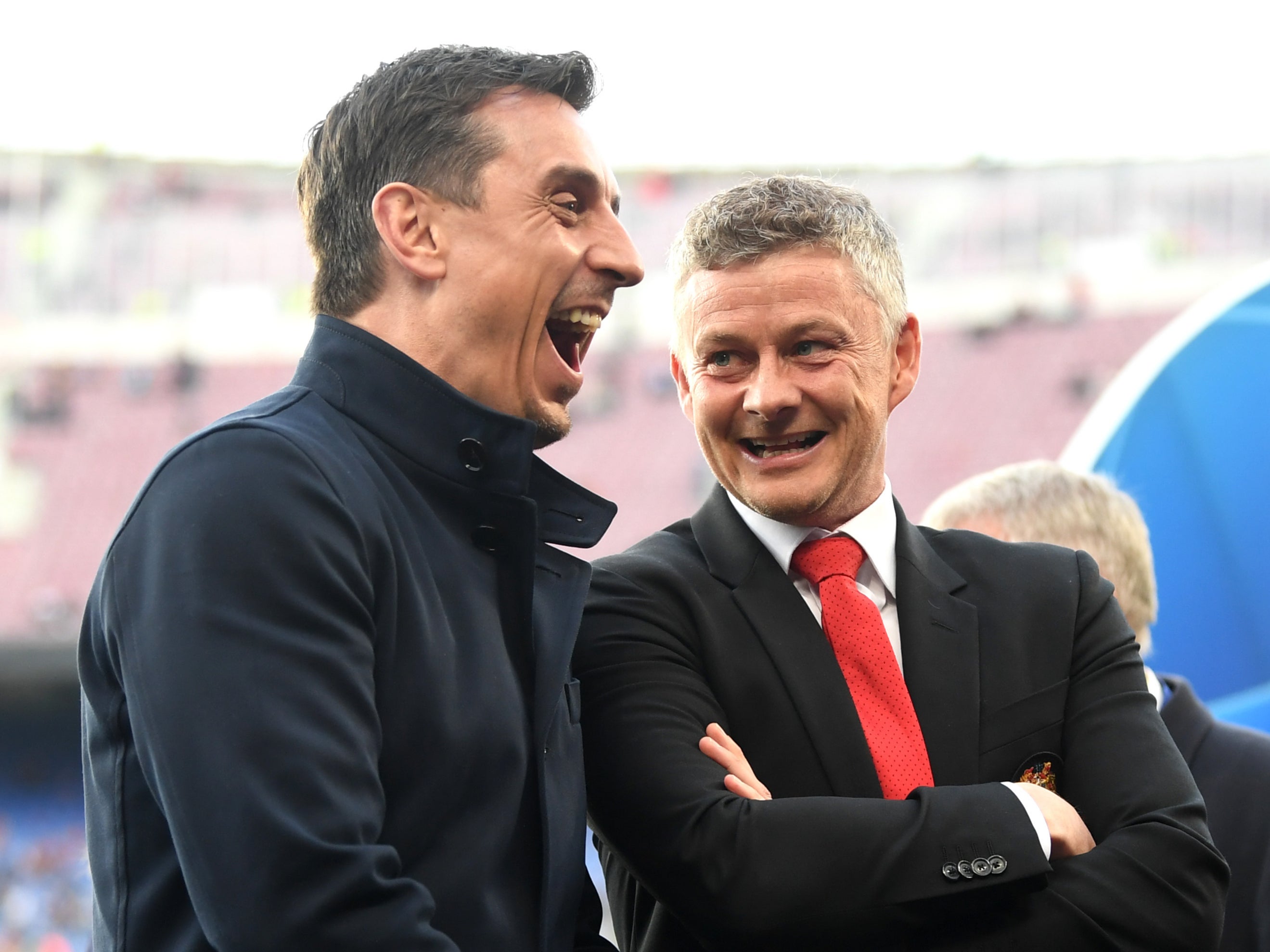 Gary Neville and Ole Gunnar Solskjaer at the Camp Nou in 2019