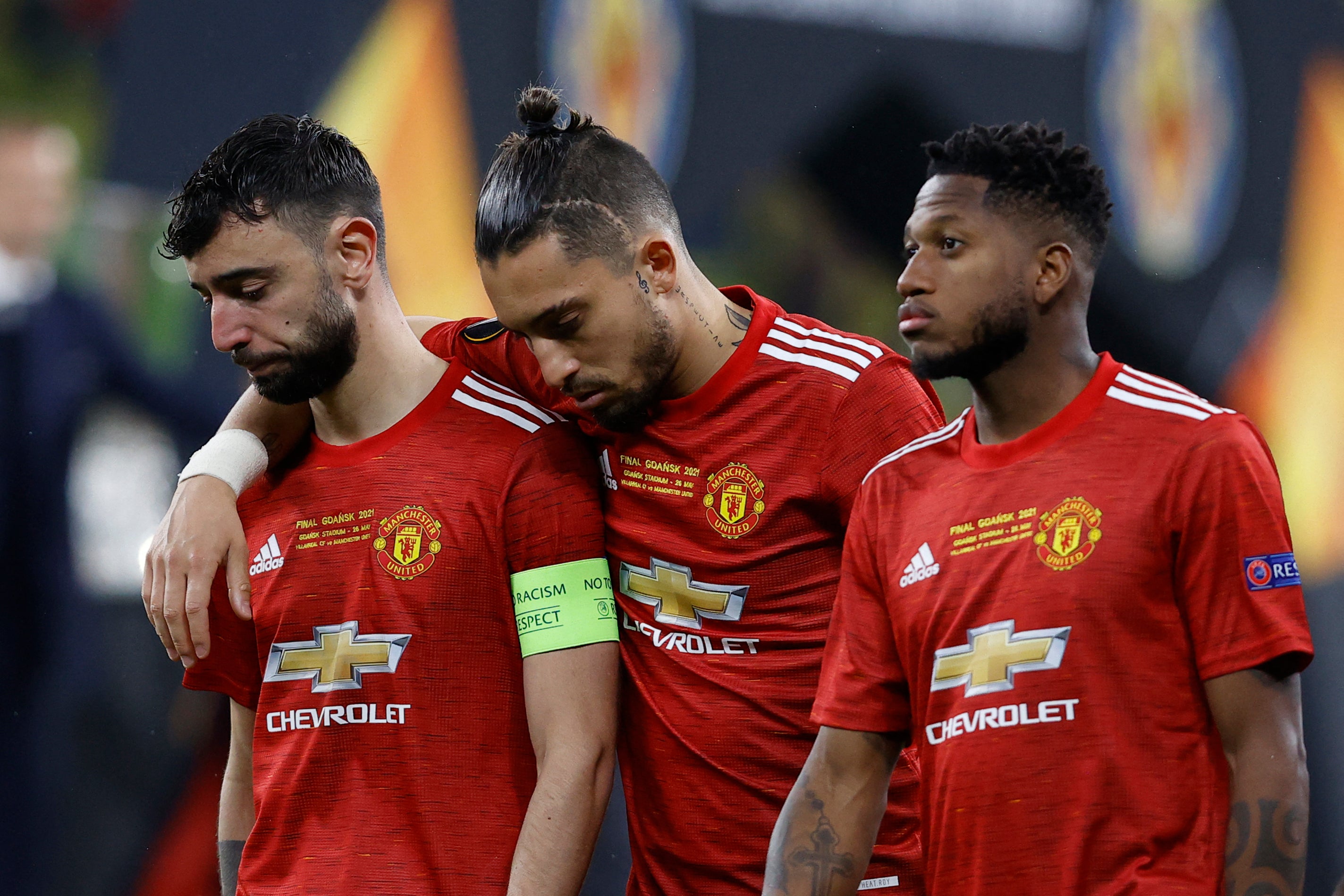 Manchester United’s Bruno Fernandes, Alex Telles and Fred