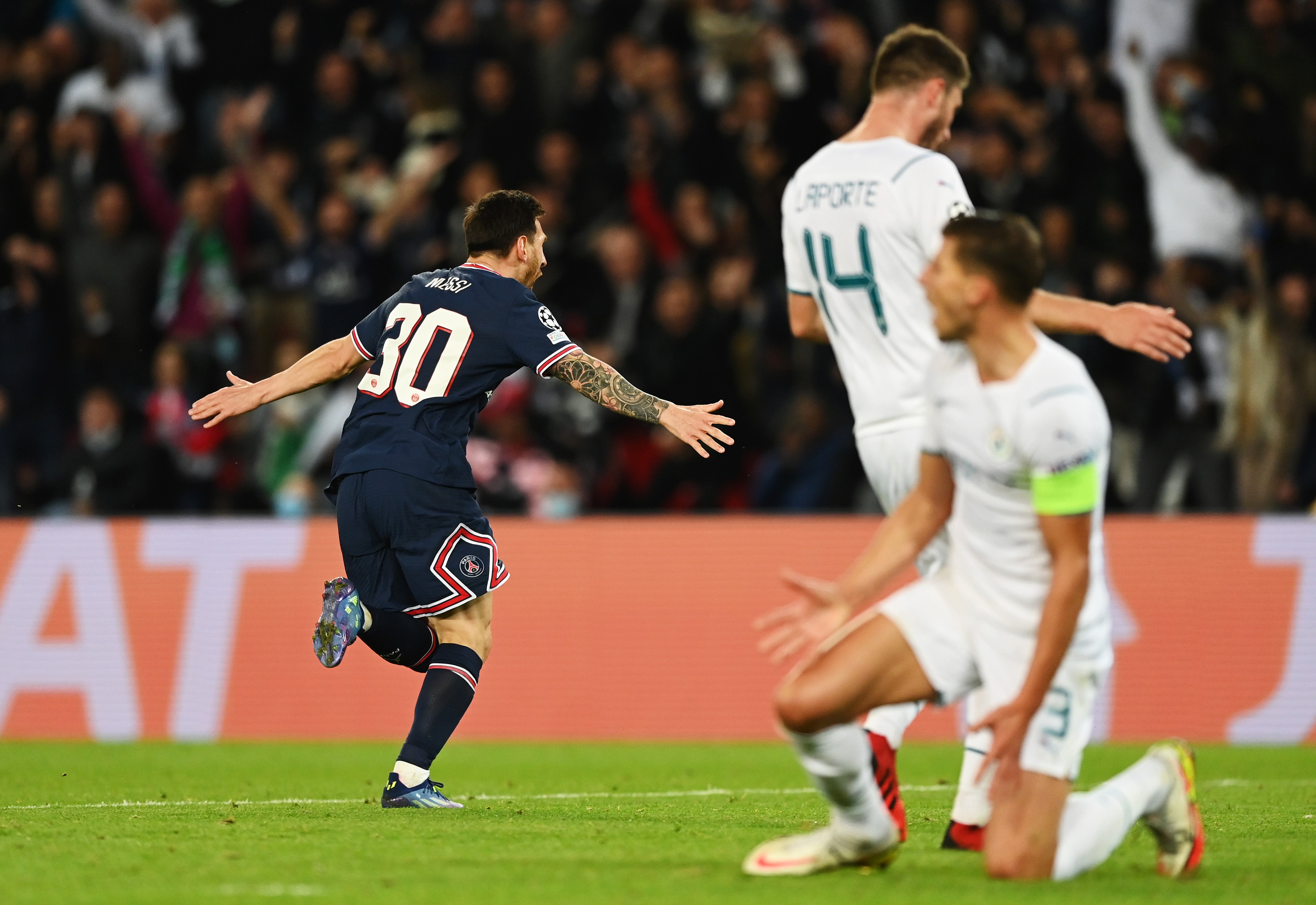 Lionel Messi celebrates after scoring PSG’s second goal