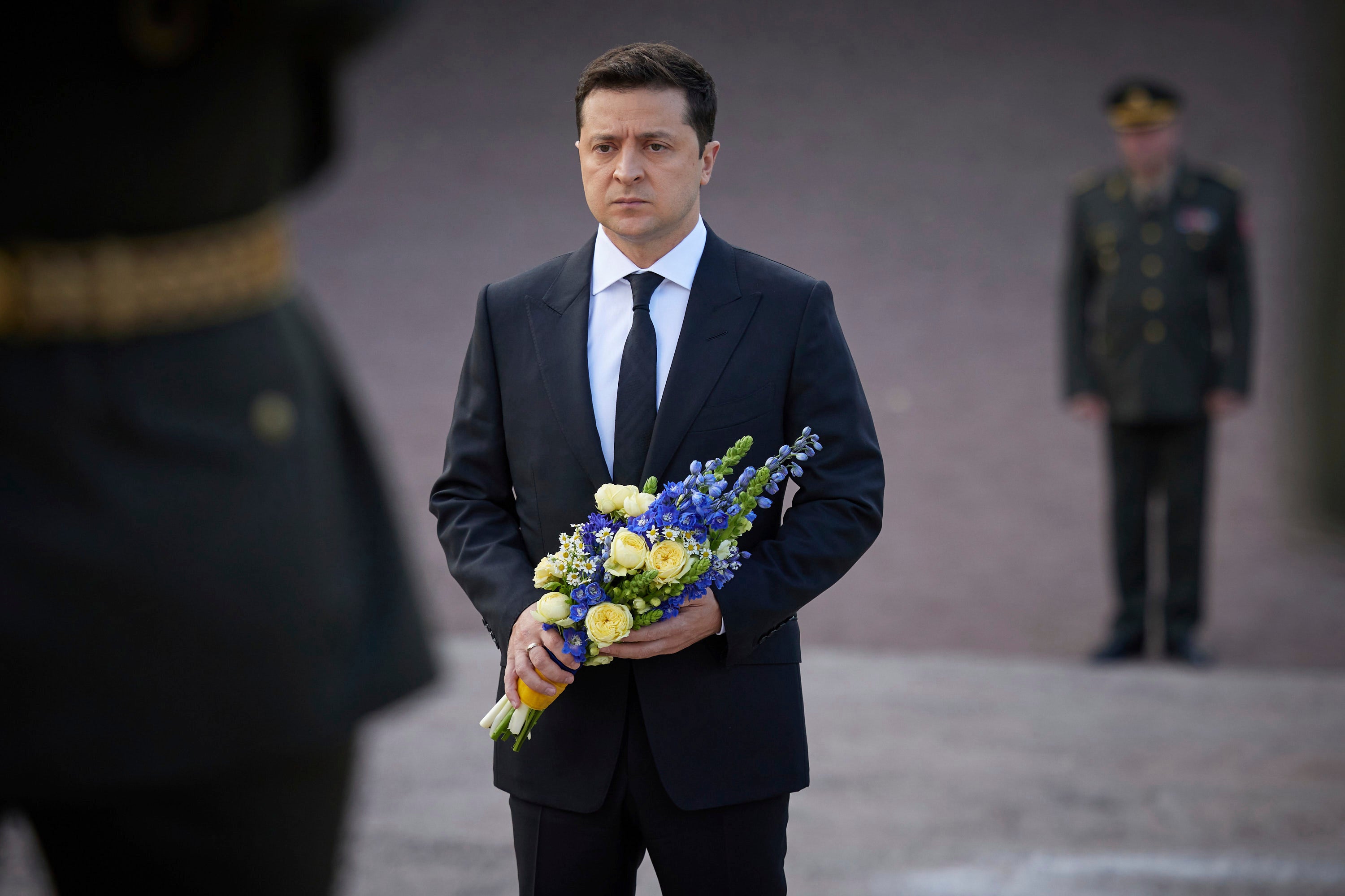 Ukrainian President Volodymyr Zelensky attends a ceremony at the monument to Jewish victims of Nazi massacres in Ukraine's capital Kyiv, Wednesday, 29 September 2021.