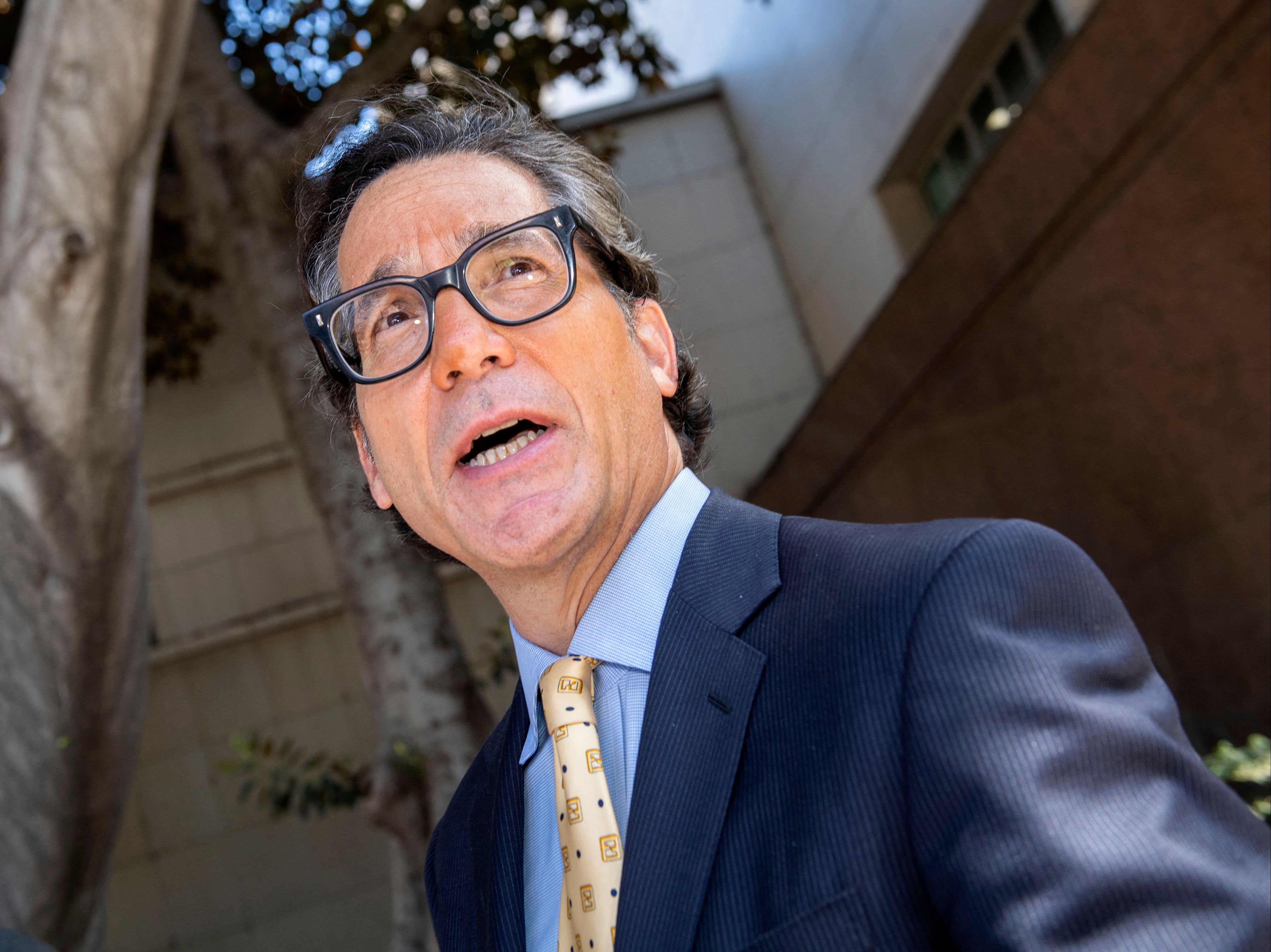 Britney Spears’ lawyer Mathew S Rosengart speaks to reporters as he leaves the LA County Courthouse after a scheduled hearing in the guardianship case