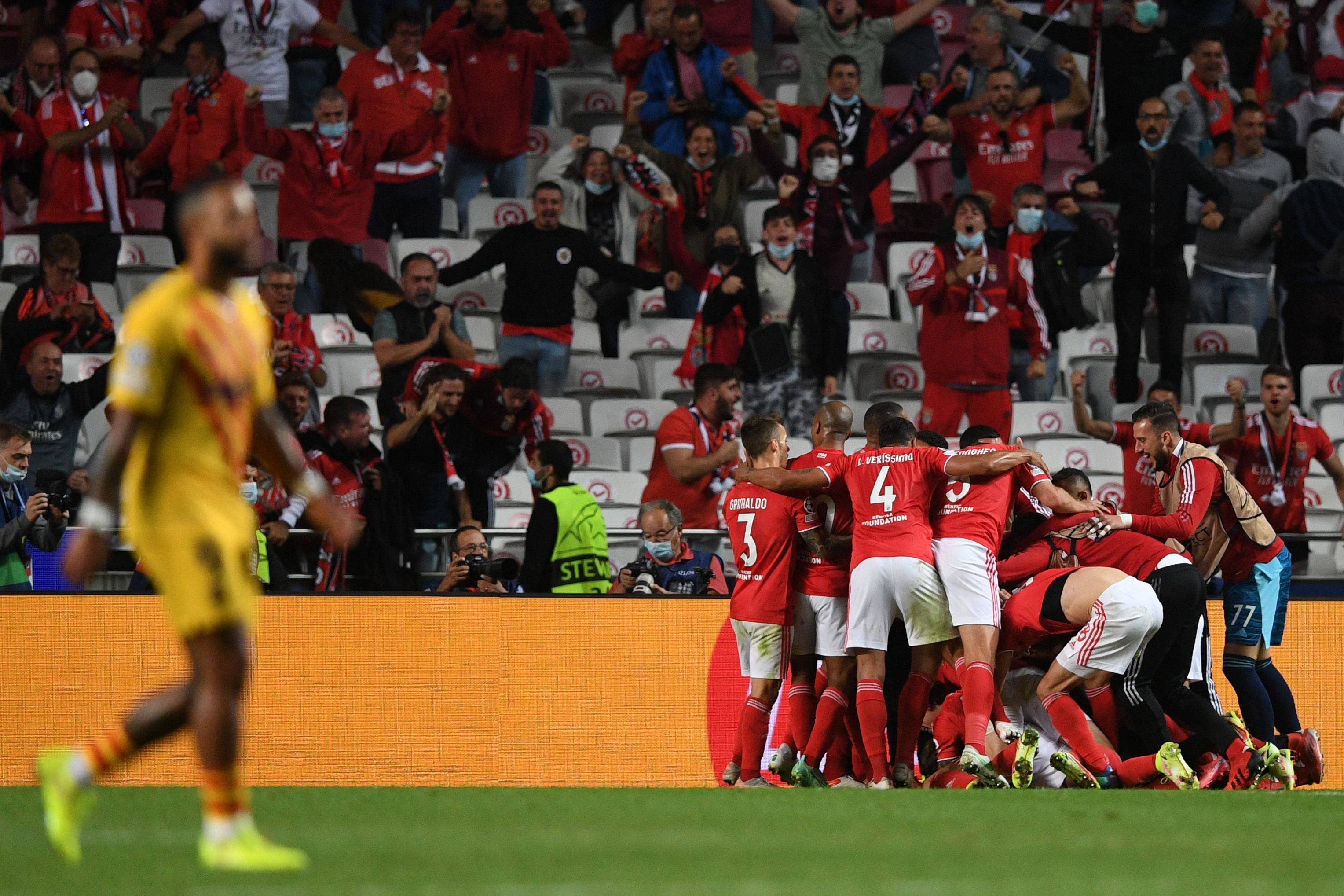 Benfica’s players celebrate Rafa Silva’s goal