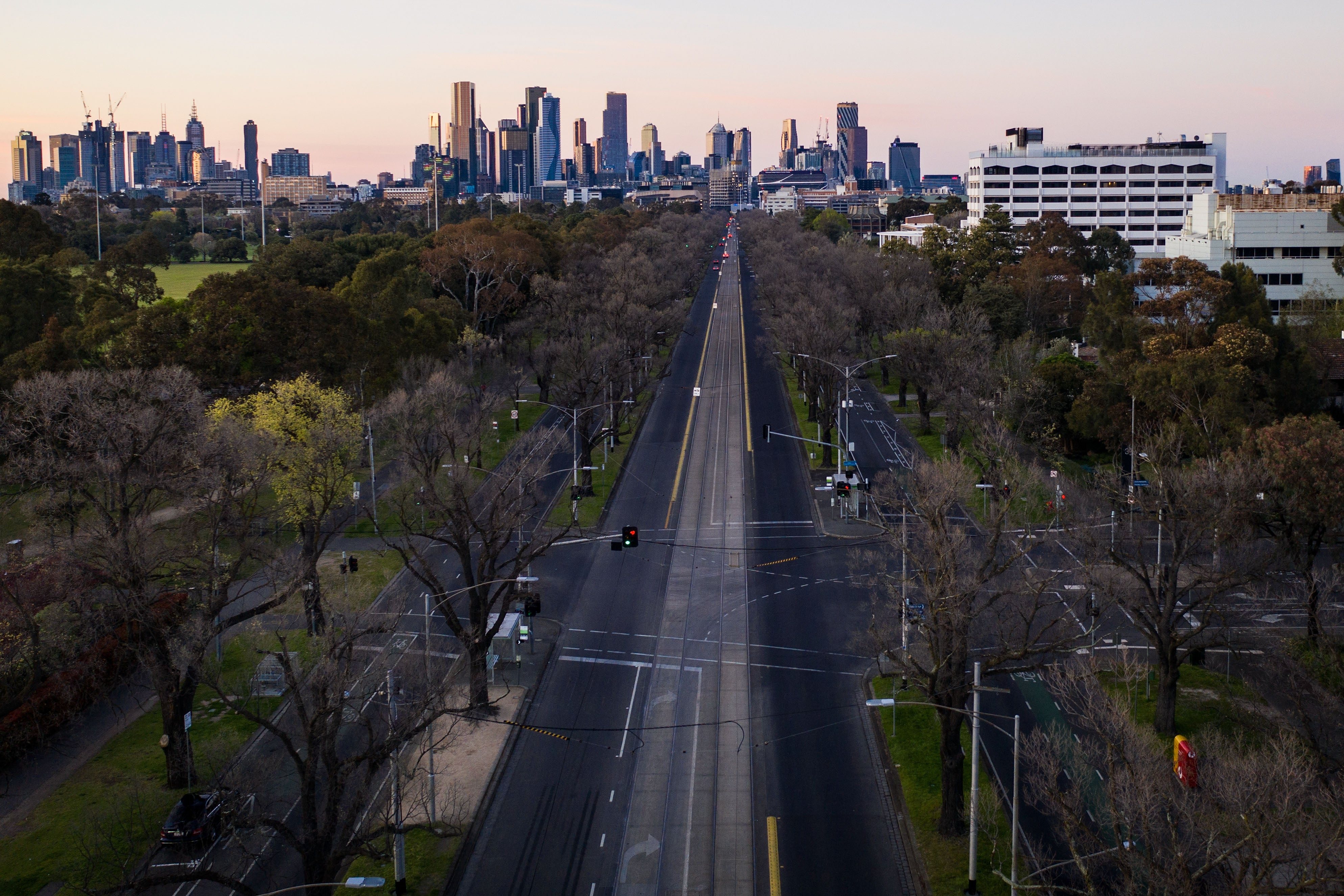 An aerial view of a Melbourne road under lockdown as cases increase in the city despite restrictions